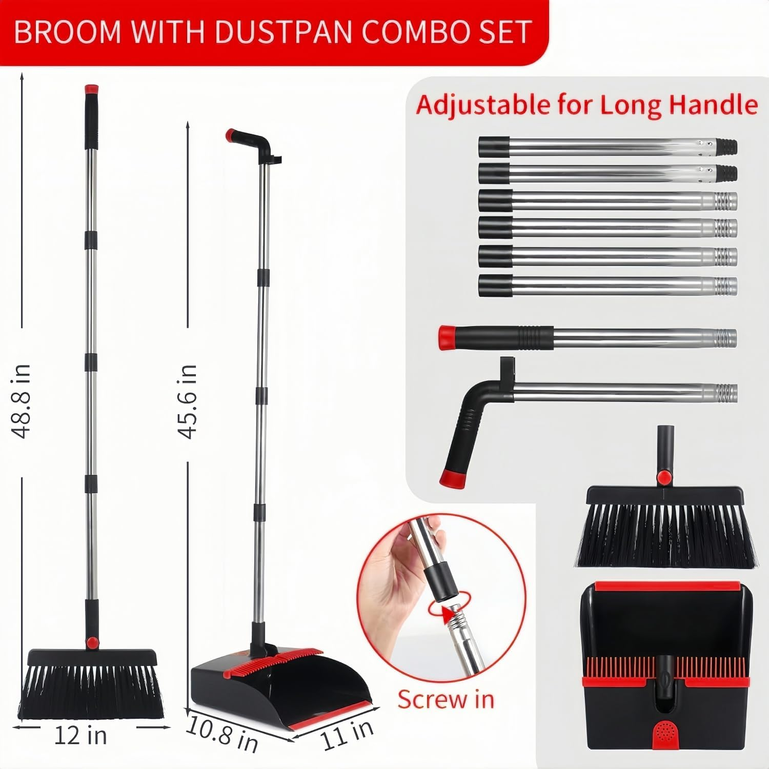 Upgraded Broom and Dustpan Set with 48.8" Long Handle, 180&deg; Rotating Stand-Up Dustpan & Comb Teeth - Lightweight Sweeping Combo for Home, Office, Kitchen, Lobby Floors (Space-Saving Design) image number 2