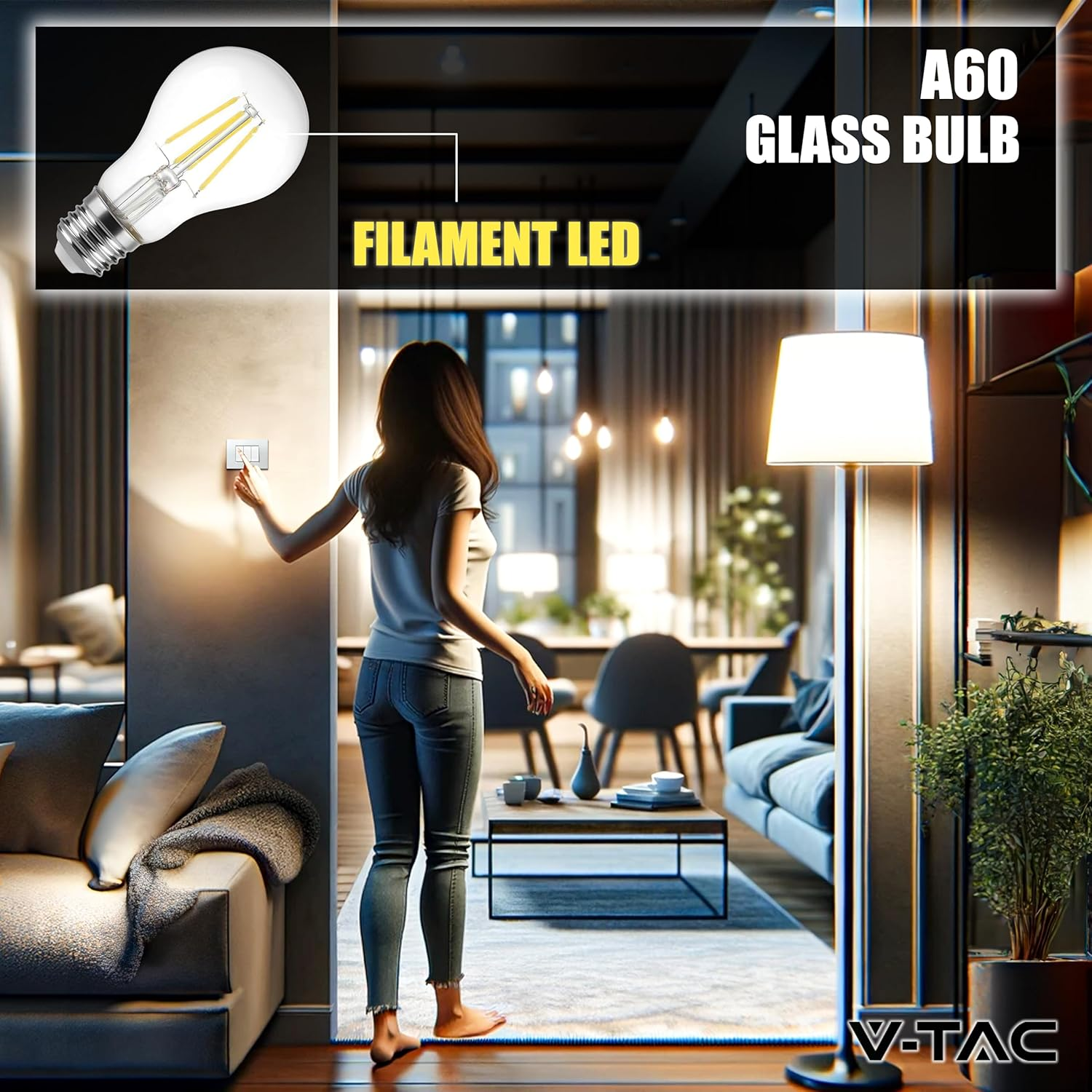 V-TAC 3 X LED Filament Bulbs E27-12W (Equivalent to 100W) A60-1521 Lumen &ndash; Vintage LED Glass Bulb &ndash; Maximum Efficiency and Energy Saving &ndash; 3000 K Warm White image number 4