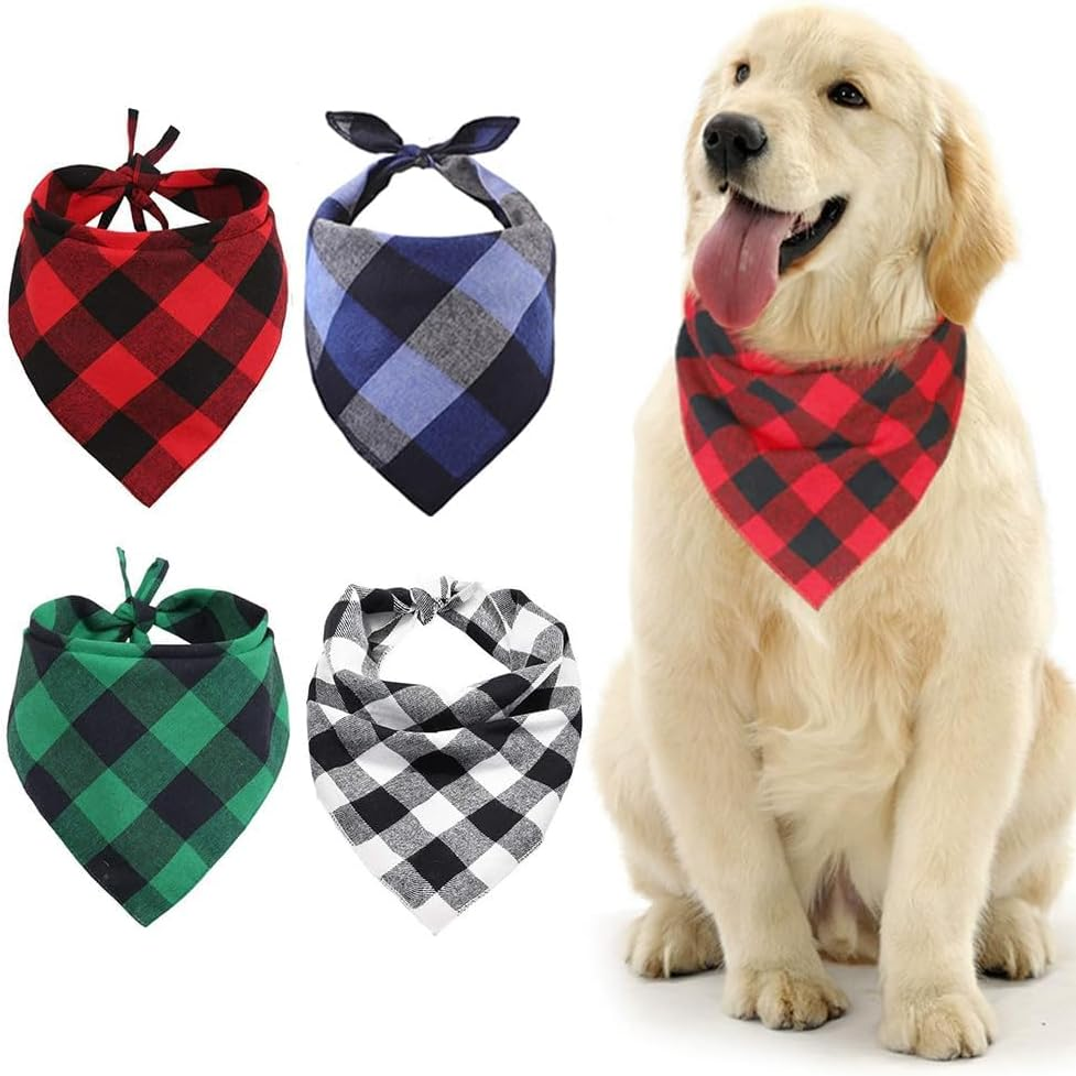 4 Pcs Dog Bandanas Plaid Reversible Triangle Bibs Scarf, Buffalo Plaid Scarf for Medium and Large Pets, Adjustable Plaid, Black and White, Red, Green, Blue