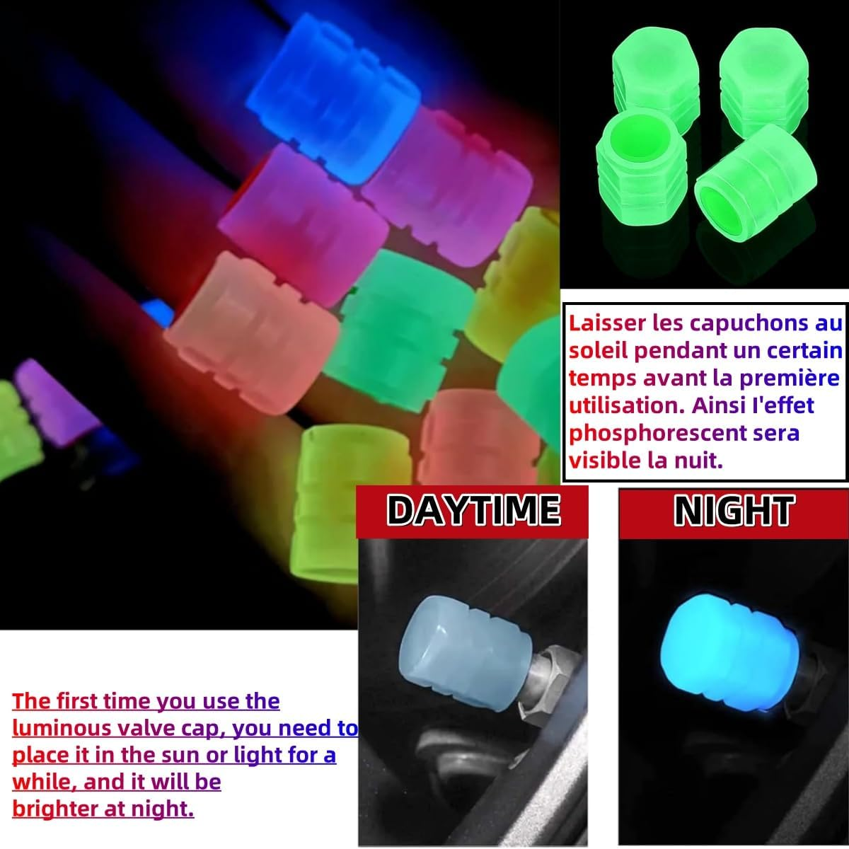 KLHCDUO18PCS Tire Valve Cap, Glow-In-The-Dark Automobile Stem Cap, for Cars, Motorcycles, Bicycles (Blue, Pink, Green)