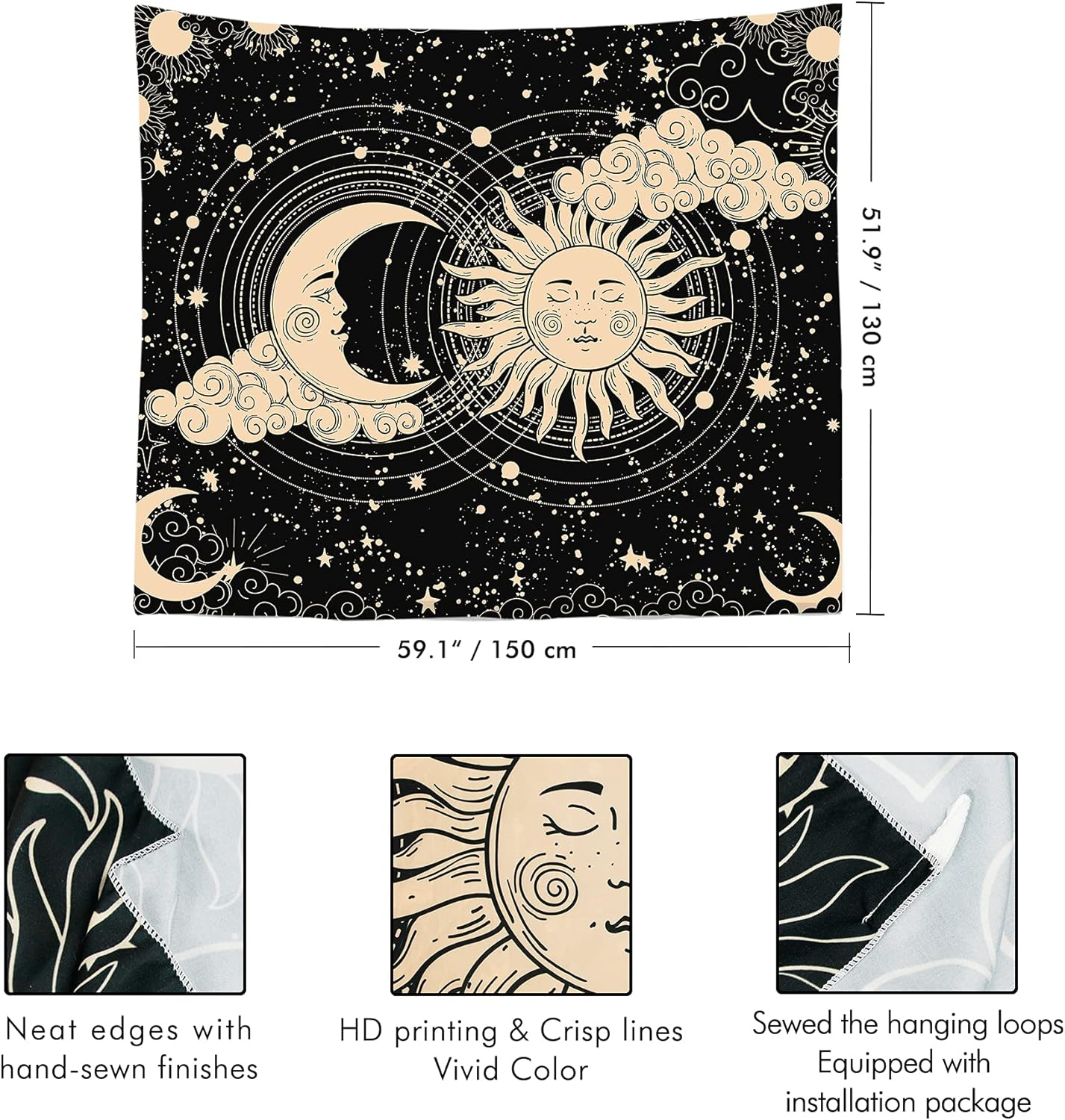 IMANDALE Sun and Moon Tapestry Aesthetic Sun Moon Tapestry Black Dark Spiritual Tapestries Wall Hanging Room Decor for Bedroom, Livingroom (51"X59", Moon and Sun) image number 3