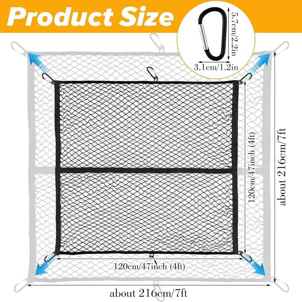 Cargo Net for SUV Pickup Truck Bed 4'X4&rsquo; Stretches to 7&lsquo;X 7&rsquo; with 6Pcs Metal Carabiner Single Layer Durable Highly Stretchable Elastic Mesh, Auto Storage Accessories,Universal for Vehicles image number 5