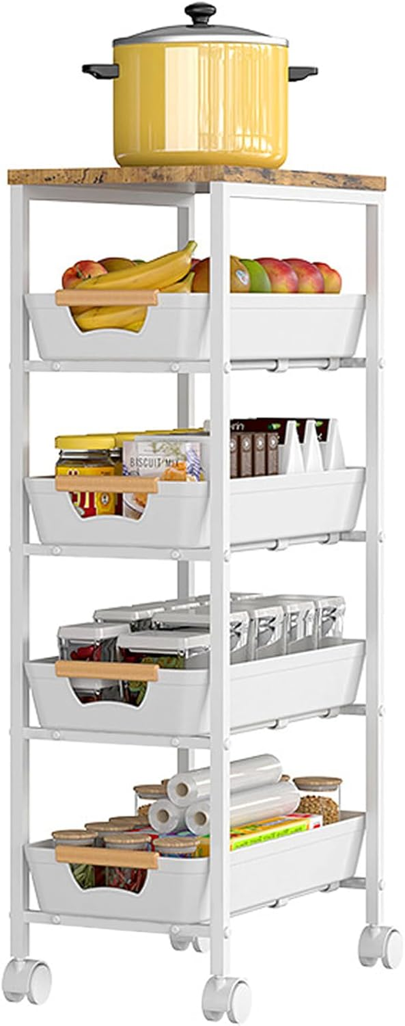 5-Tier Kitchen Storage Cart, Narrow Rolling Storage Cart with Wooden Top, Versatile Mobile Shelving Unit Trolley, Metal Utility Carts with Pull-Out Drawer for Pantry, Bathroom, Kitchen, Office (White) image number 5