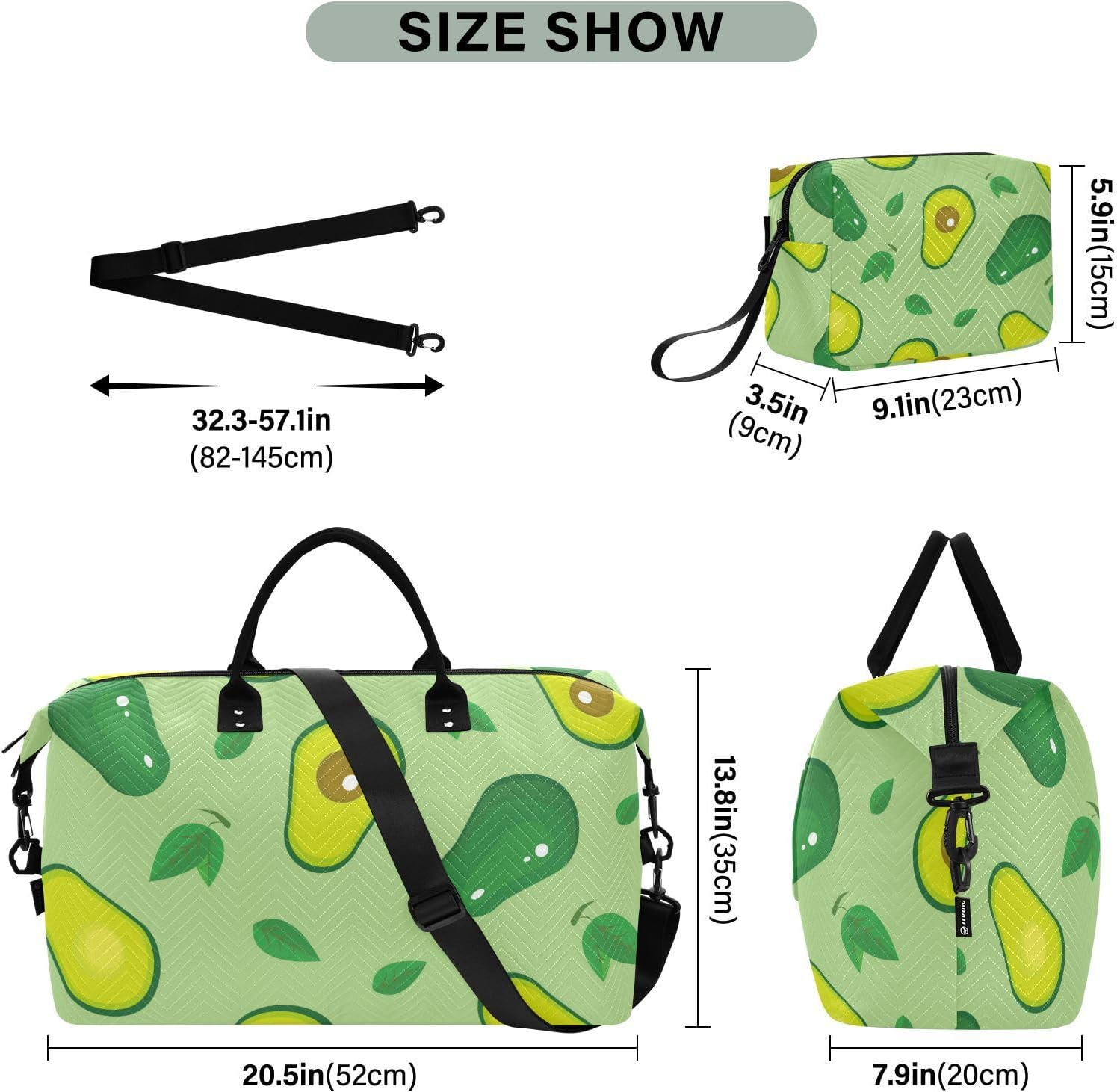 Overnight Travel Duffel Bag Weekender Overnight Bag Avocados Tropical Fruits Green Sport Training Bag with Toiletry, Avocado Tropical Fruit Pattern Green, Set of 2, Art Deco image number 6