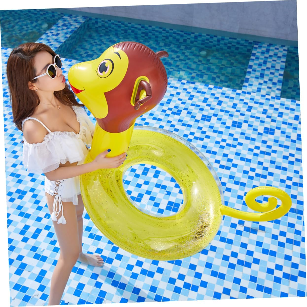 WOONEKY Inflatable Cartoon Monkey Pattern Swim Ring for Adults, Thickened PVC Water Playing Ring with Sequins, Summer Pool Floating Toy for Water Entertainment image number 2
