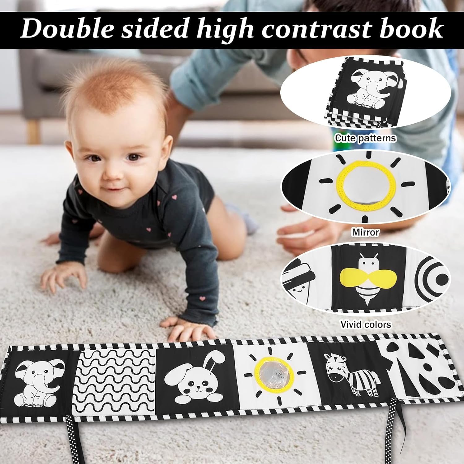 Black and White Baby Toys, Tummy Time High Contrast Newborn Toys 0-3 Months, Soft Baby Book, Visual Stimulation Montessori Sensory Infant Toy 0-6-12 Months, Shower Gift, Stocking Stuffers image number 3