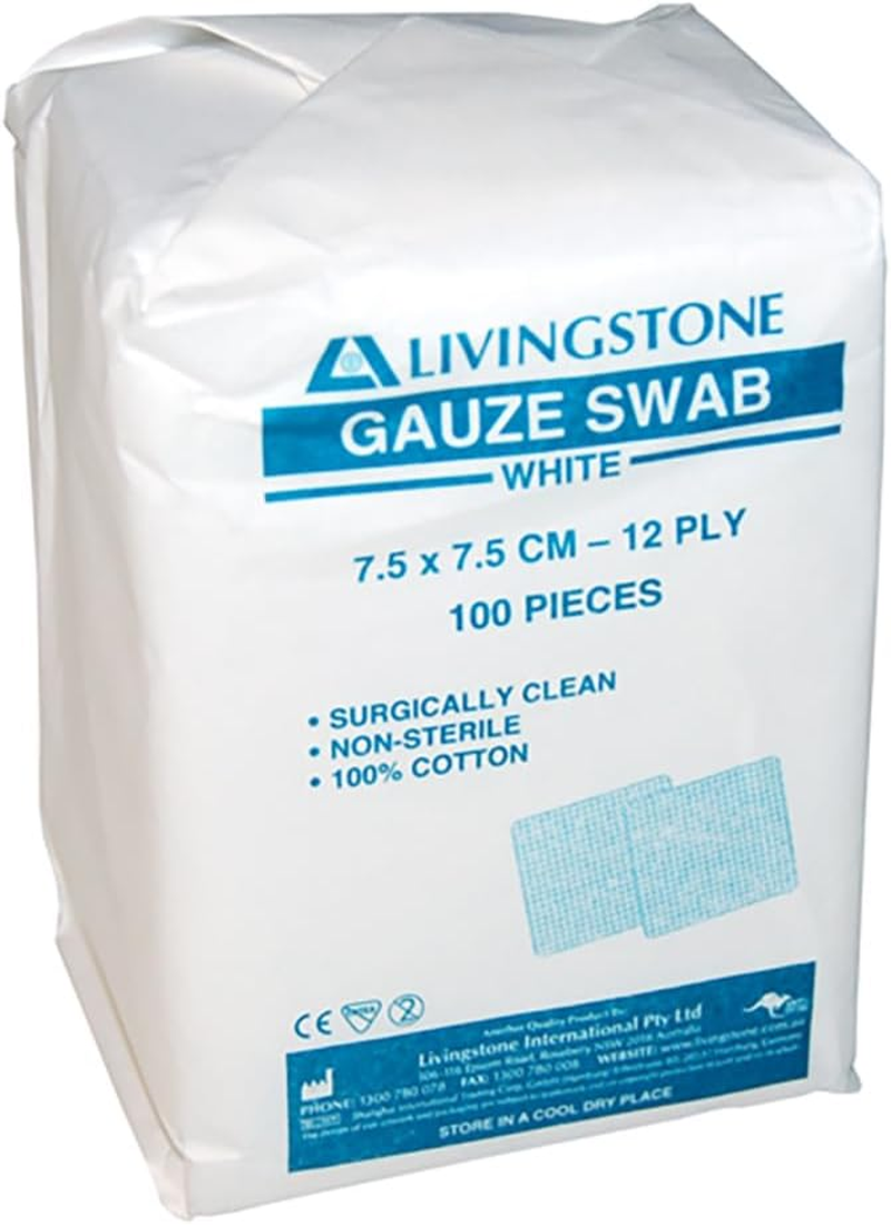 Liv Gauze Swabs 7.5 X 7.5 Cm X 12 Ply Non-Sterile Pack of 100