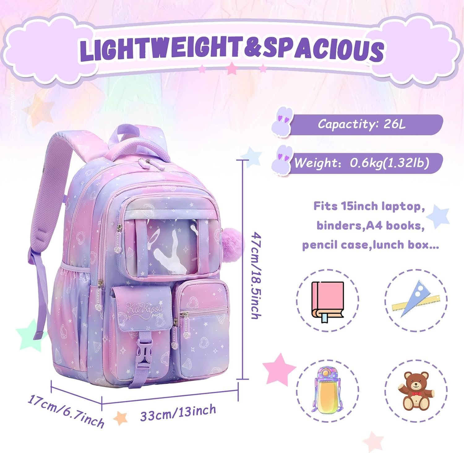 PIG PIG GIRL Kids Backpack for Girls - School Bags for Middle School Students - Book Bag for Elementary Primary School - Black And Beige image number 2