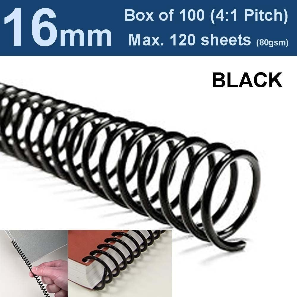 16Mm Plastic Spiral Binding Coils - 4:1 Pitch Black (Box of 100)