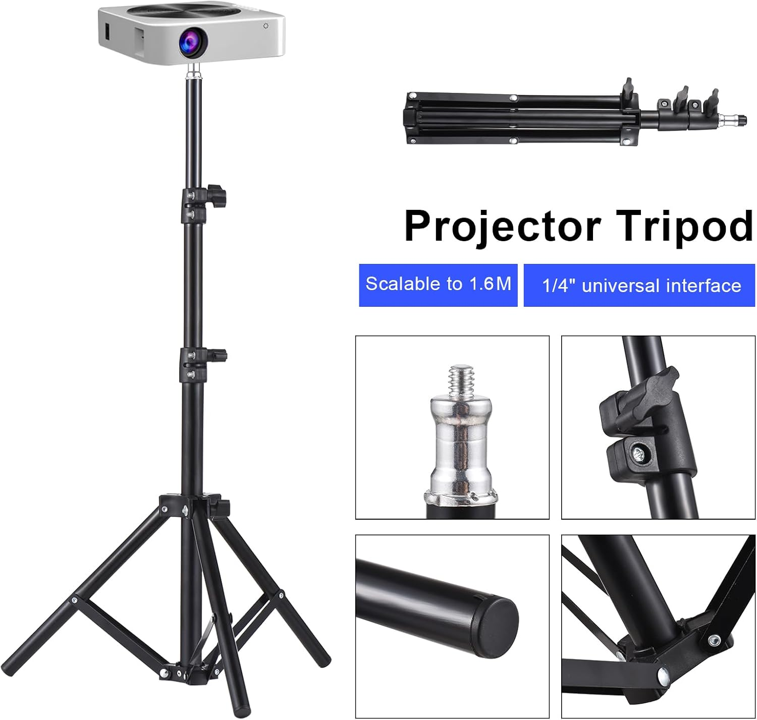 Universal Projector Tripod Stand Stretchable Projector Bracket Aluminum Alloy Portable Holder 1/4'' Interface Adjustable Height for LCD Projector image number 3