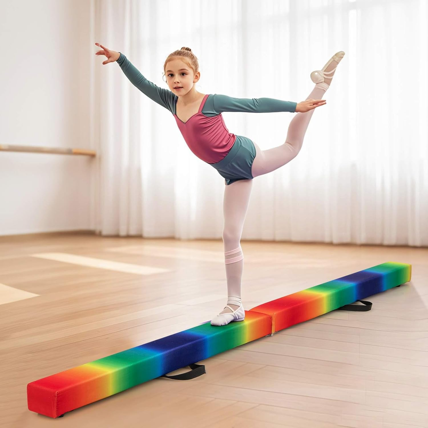 Costway Folding Balance Beam, Portable Gymnastic Beam W/Solid Wood Base & Anti-Slip Bottom, Extra Firm Floor Gymnastics Equipment W/Carry Handle for Professional Home Training - Blue-240 Cm image number 4