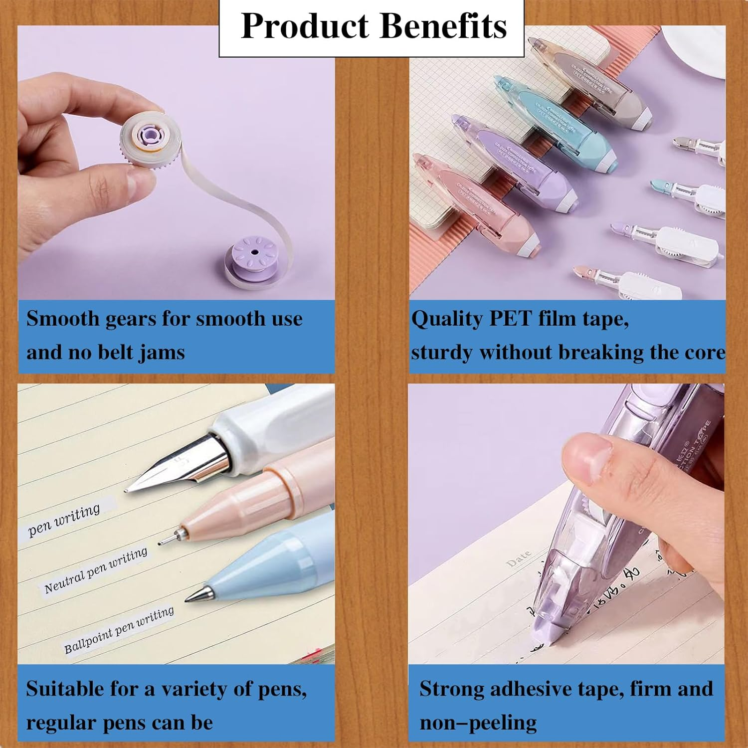 Fkereg Retractable White Out Pens 2 Pack with 2 Extra Refills, Cute Correction Tape Pen 5Mm X 24M, Refillable Whiteout Pen for Instant Correction Office Supplies, Purple & Brown image number 3