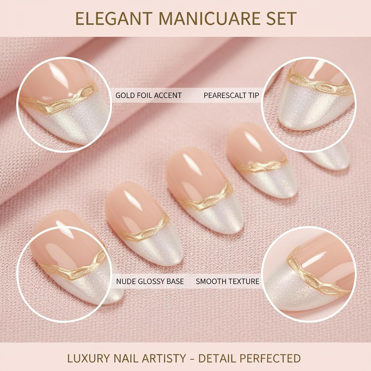 Press on Nails, French Tip with Gold Accents, 30 Piece Set with Jelly Adhesive Tabs, Salon-Quality Fake Nails for Women, Easy Application at Home image number 2