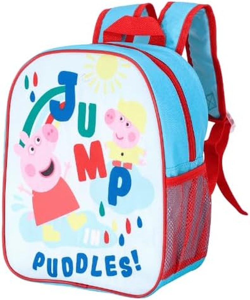 Peppa Pig Kids' Backpack, School Bag, Jump in Puddles Design, Light Blue and Red, Blue, Red, Black, Yellow, Green, One Size