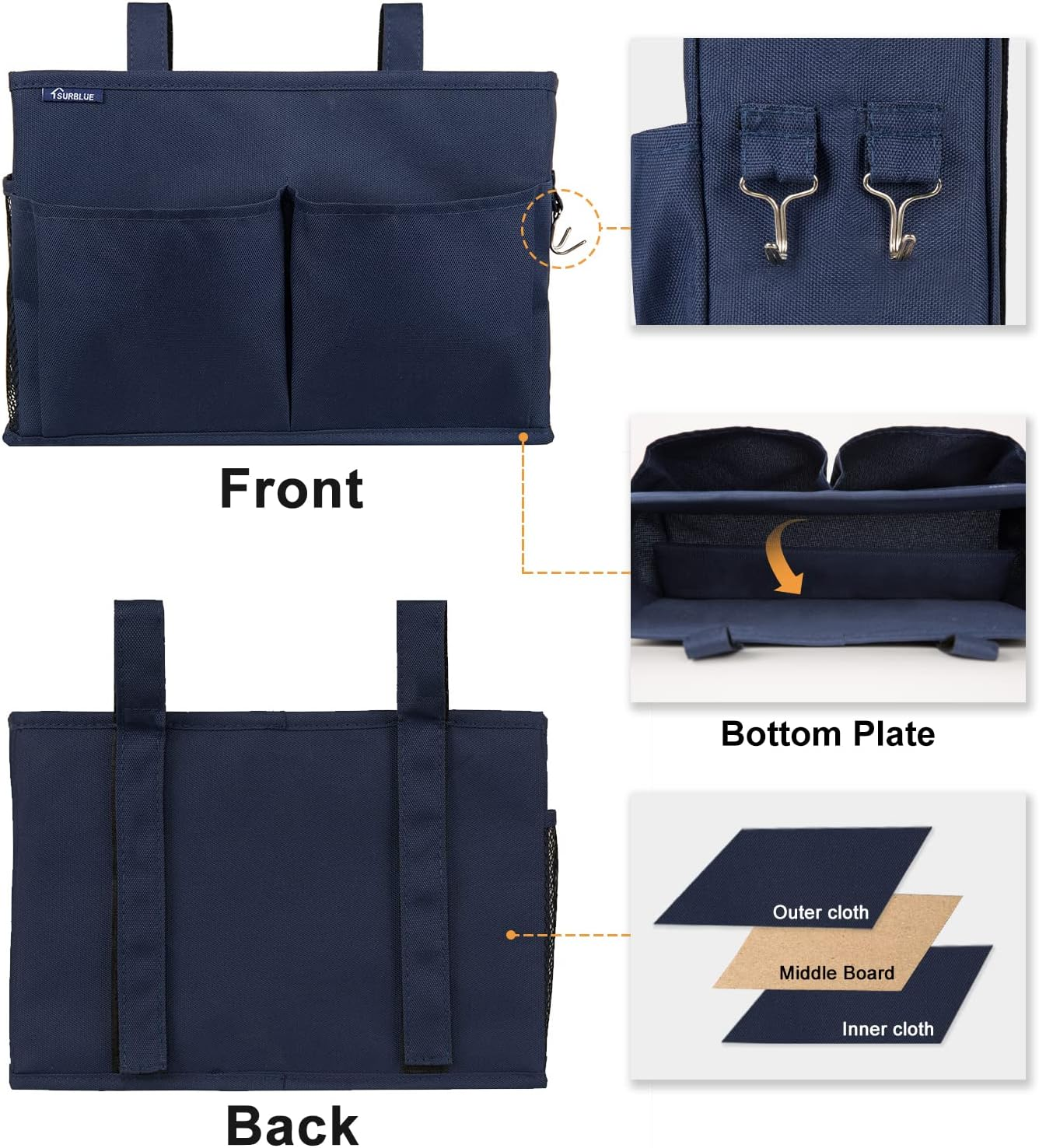 Surblue Bedside Caddy Hanging Bed Organizer Storage Bag Pocket for Bunk and Hospital Beds, College Dorm Rooms Baby Bed Rails, Camp 4 Pockets and 2 Hooks (Blue) image number 5