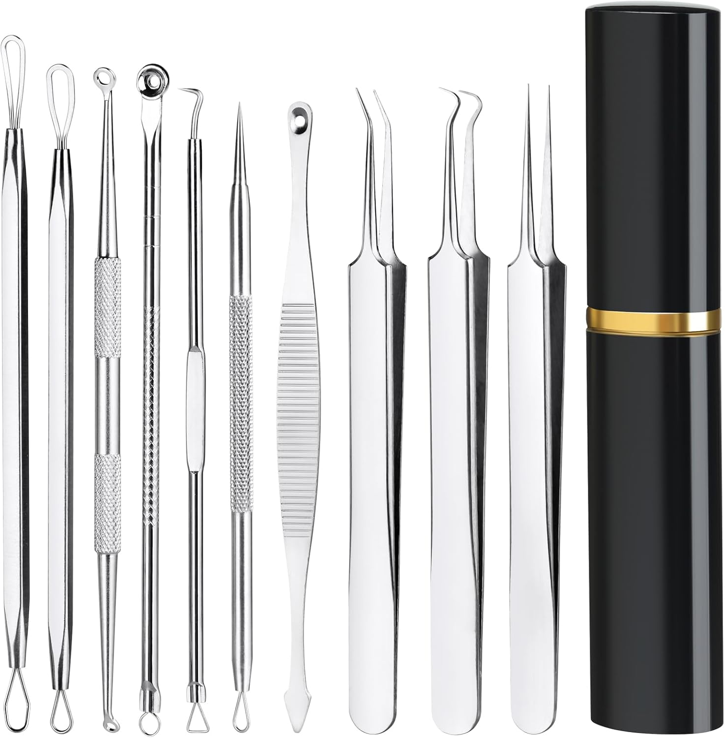 Baxrou Professional Pimple Comedone Extractor Popper Tool - 10 Pcs, Silver, Stainless Steel, Facial & Nose, Acne Removal Kit with Metal Box image number 3