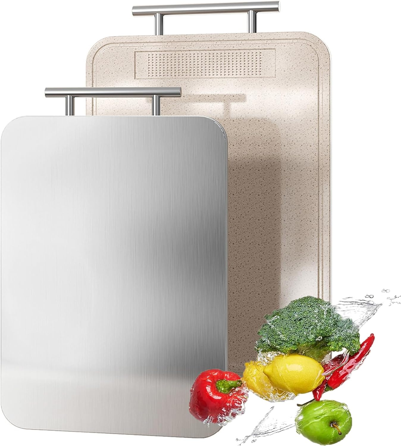 Titanium Cutting Board Double Sided Pure Titanium Cutting Boards for Kitchen, Pure Titanium & Wheat Straw PP Food Grade Metal Chopping Boards Easy to Clean Large Size