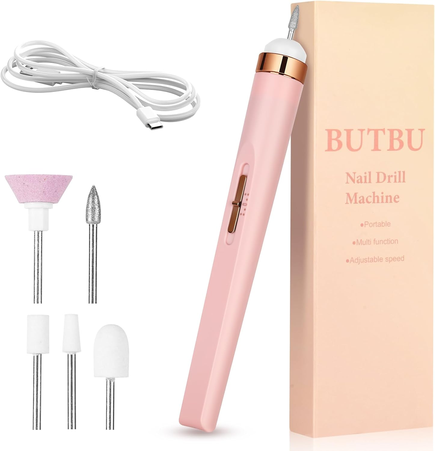 BUTBU Electric Nail Files, 6 in 1 Professional Electric-Nail Drill Machine, Adjustable Speed 20000 RPM Manicure Pedicure Set with 5 Drill Bits, for Nails Gel Polish, Hard Skin Removal
