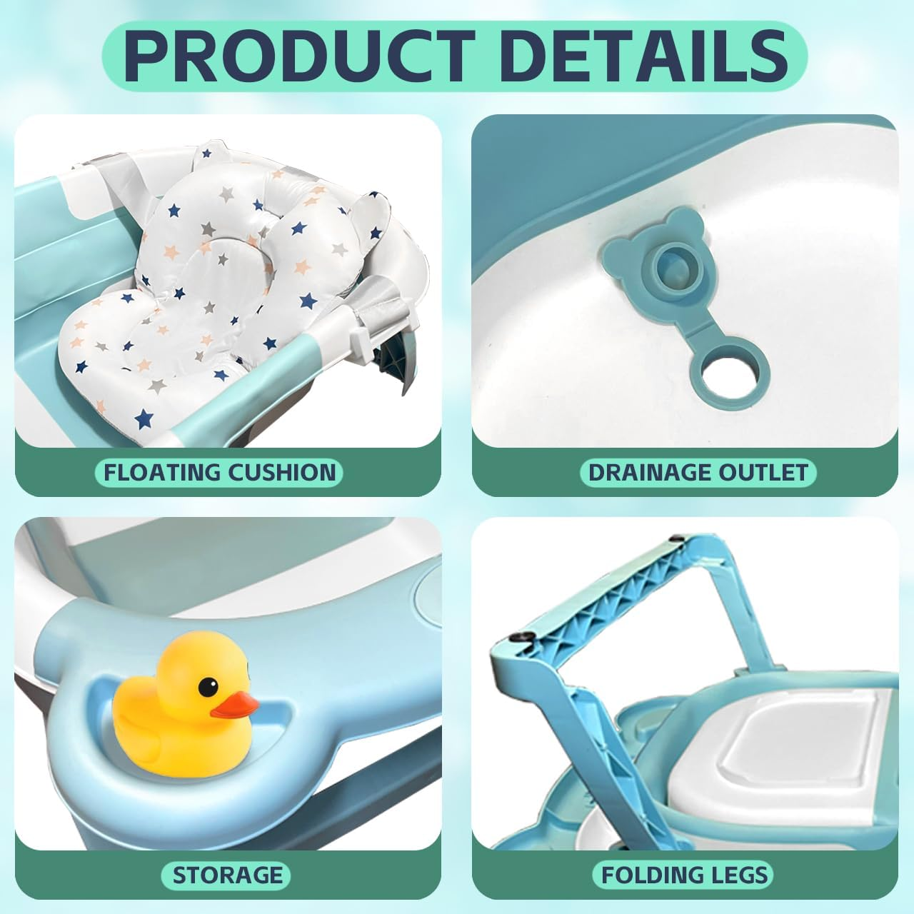 Collapsible Baby Bathtub with Cushion, Foldable Infant Bath Tub with Drain Plug & Storage, Portable Bathing Tub for 0&ndash;24 Months image number 1