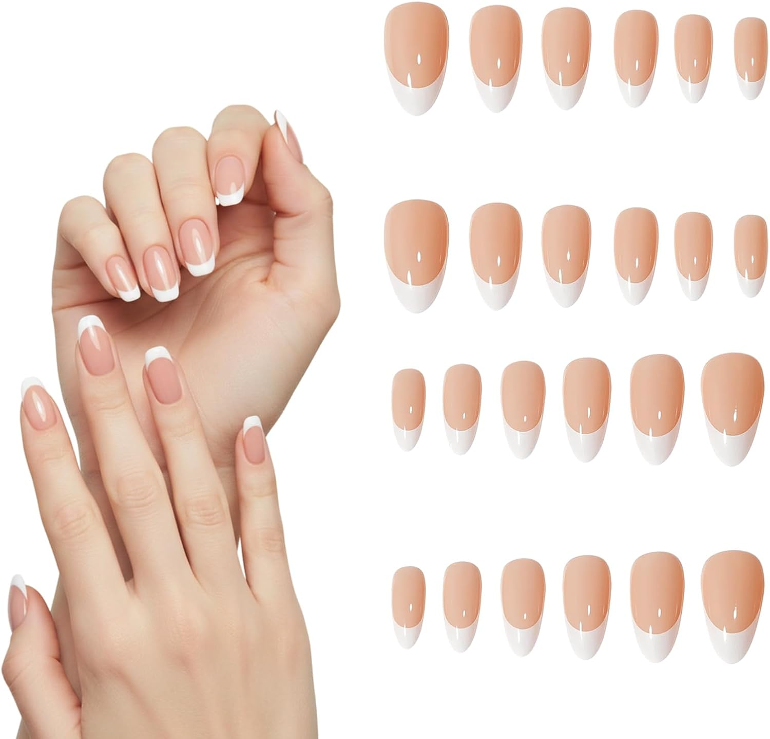 Press on Nails, French Almond Design Fake Nails, Pink and White Press on Nails, 22-24 Pieces