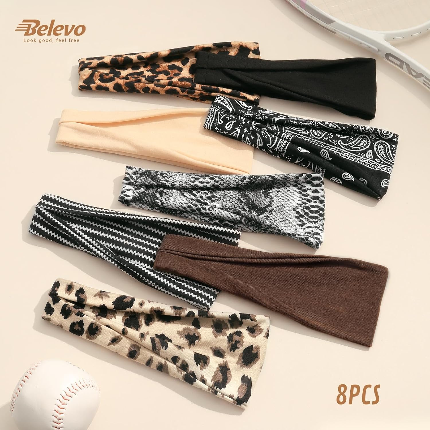 BELEVO Pack of 8 Women'S Elastic Headbands, Thin Non-Slip Hair Bands, Sports Headbands, Soft Headband Hair Band for Yoga, Exercise, Workout, Running, Gym image number 4