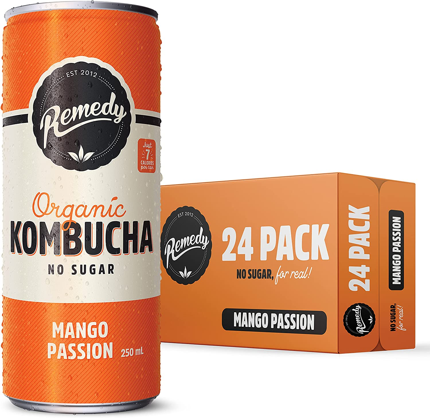 Remedy Kombucha - Organic Sparkling Live Cultured Drink - No Sugar Mango Passion - 24X250Ml Can Case