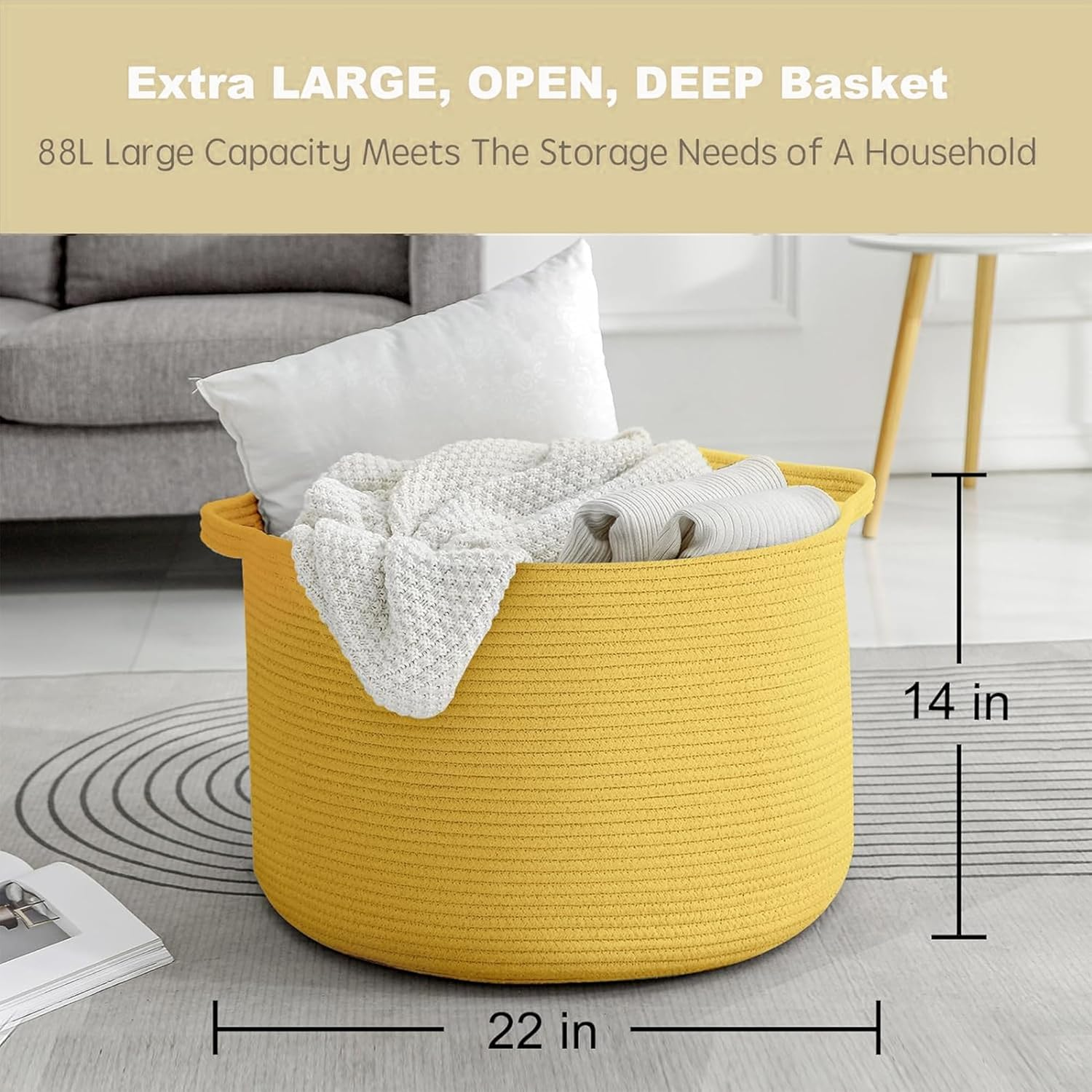 MEGASKET Extra Large Yellow Storage Basket, 22" X 22" X 14" Woven Cotton Rope, for Living Room, Baby Nursery, Toy Organizer, Towels, Room Decor - Brown Variegated image number 3