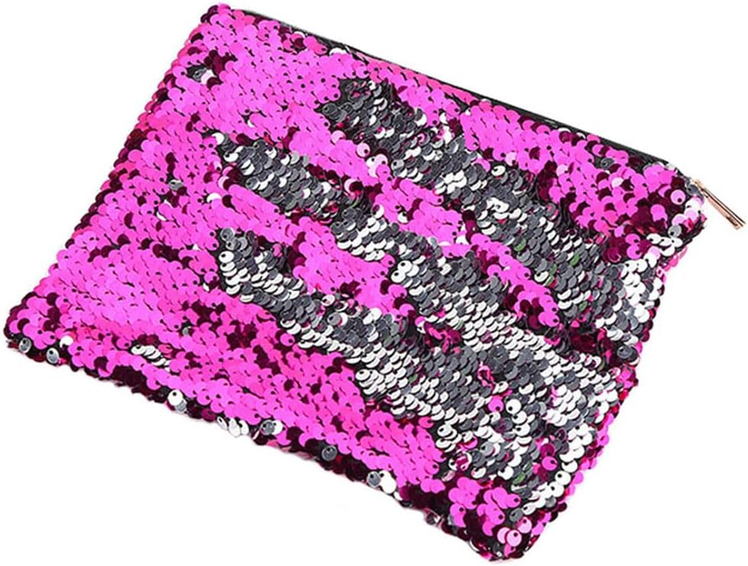 Double-Sided Glitter Pencil Case Reversible Sequin Zipper Pencil Pouch for Cosmetic Makeup Holder Large Capacity with Glitters Office Organizer Storage Makeup Bag for Students Girls (Plum Red+Silver)