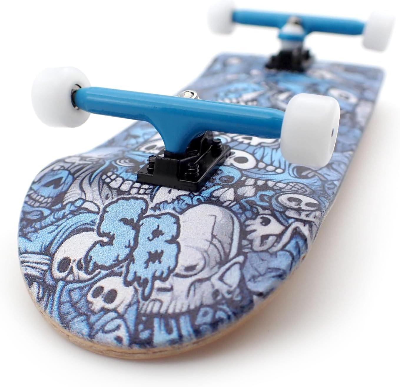 SPITBOARDS 36 X 96 Mm Wood Fingerboard Complete Set-Up, Pre Assembled, 5-Layers Wood, Pro Trucks with Lock Nuts, CNC Bearing Wheels, Real Wear Graphics, Lasered Foam Grip Tape, Blue Mummy Skulls