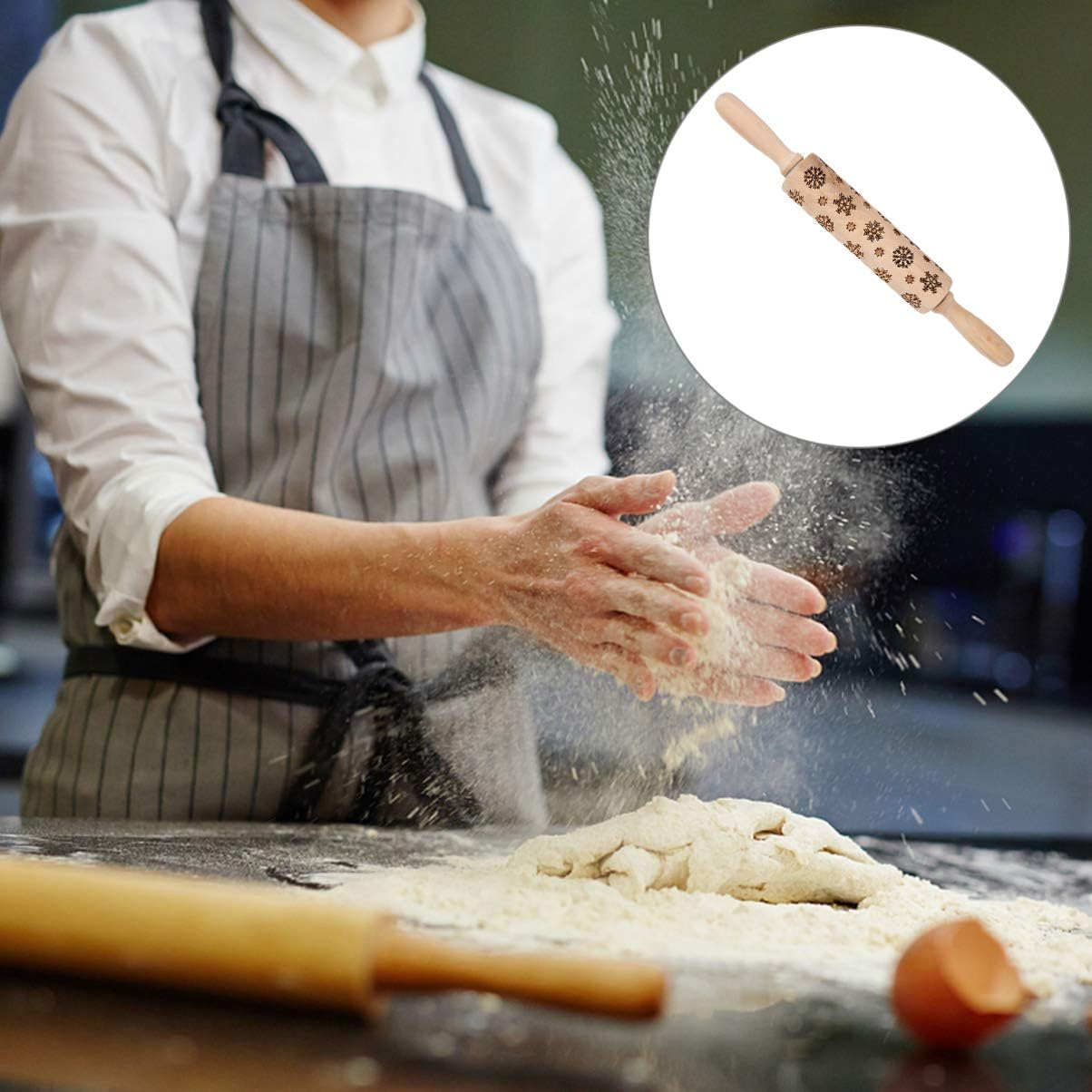 Snowflake Print Rolling Pin Wooden Embossed for Baking Christmas Tree Cookies Scenario image number 6