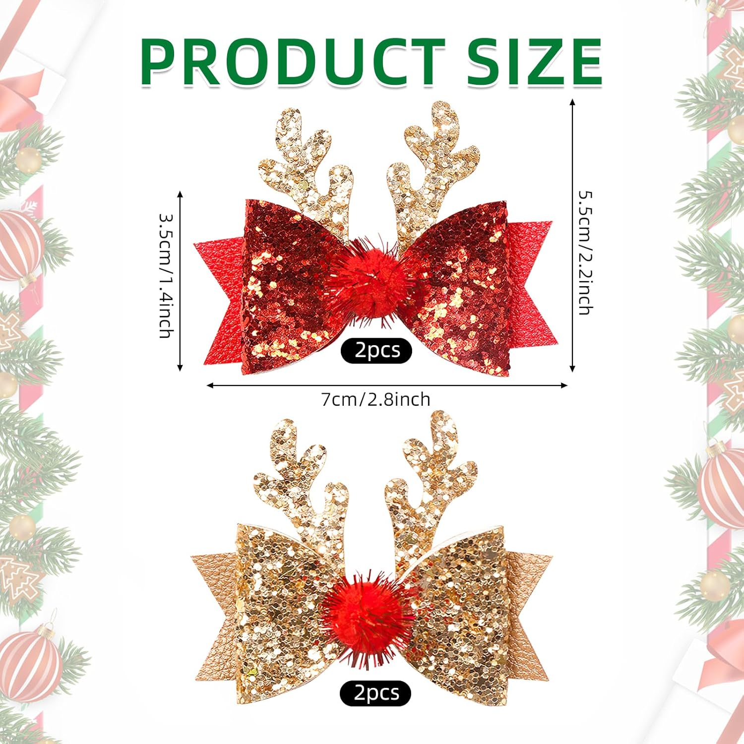 Pack of 4 Christmas Deer Hair Accessories Clips, Christmas Hair Accessories, Hair Clips, Christmas Decoration Hair Clip for Children, Girls, Women, Christmas Glitter Hair Clips, Bow Hair Pins