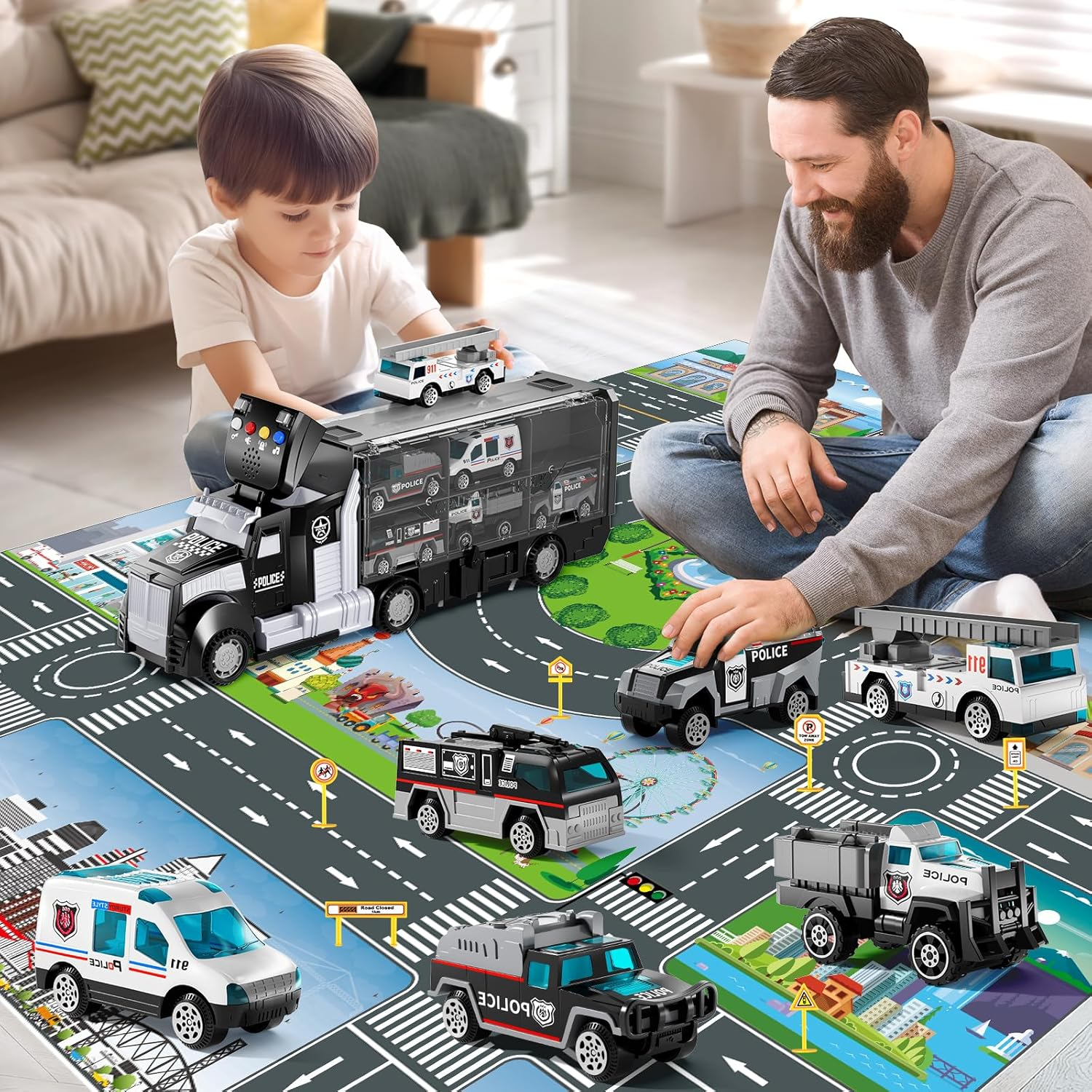 Police Trucks Toy Set with Play Mat, Carrier Truck Play Vehicles Set for 3 4 5 6 Years Old Boys Kids, Die-Cast Car Toy for Toddlers 3-4 Years, Birthday Gifts Toys for 3-9 Year Old Boys image number 6