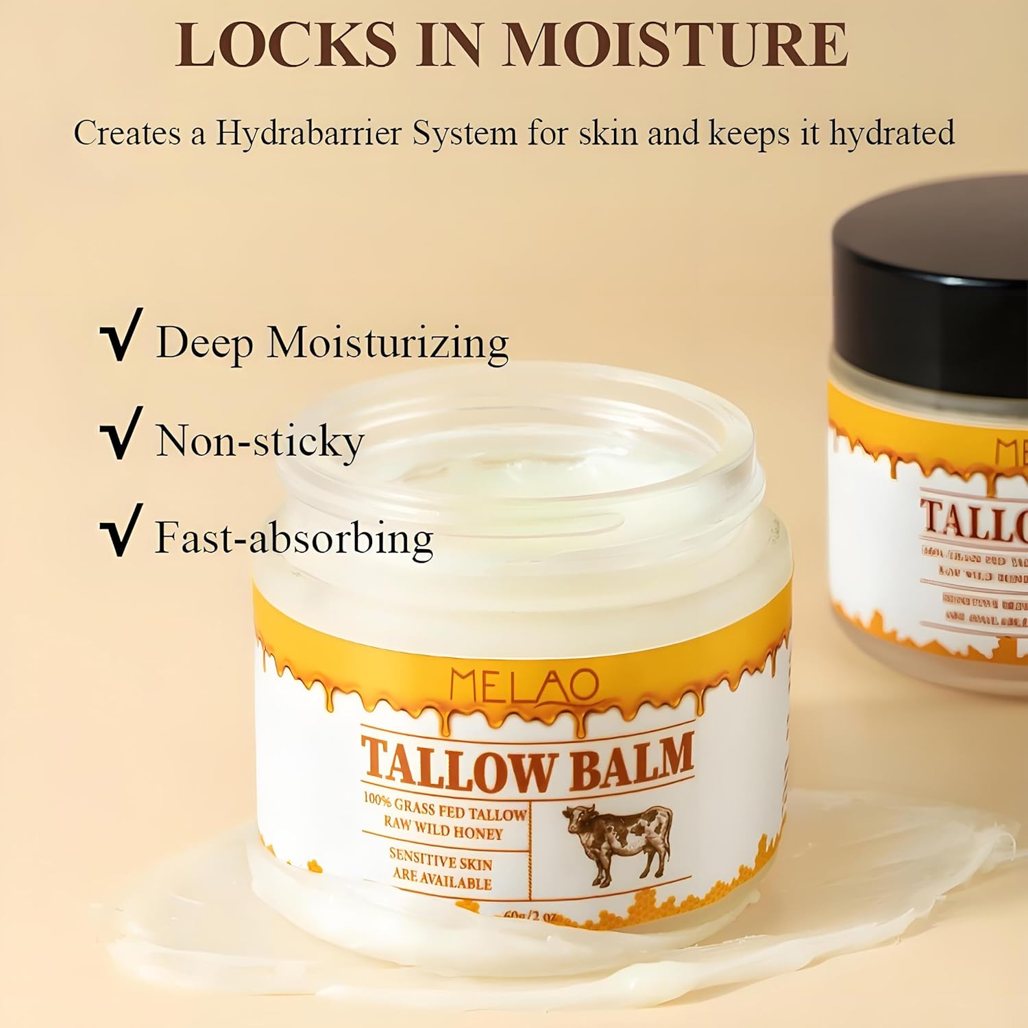Beef Tallow and Honey Balm for Skin: Grass Fed Whipped Beef Tallow with Honey Face Body Moisturizer - Tallow Cream Infused with Manuka Honey Beeswax Olive Oil image number 3