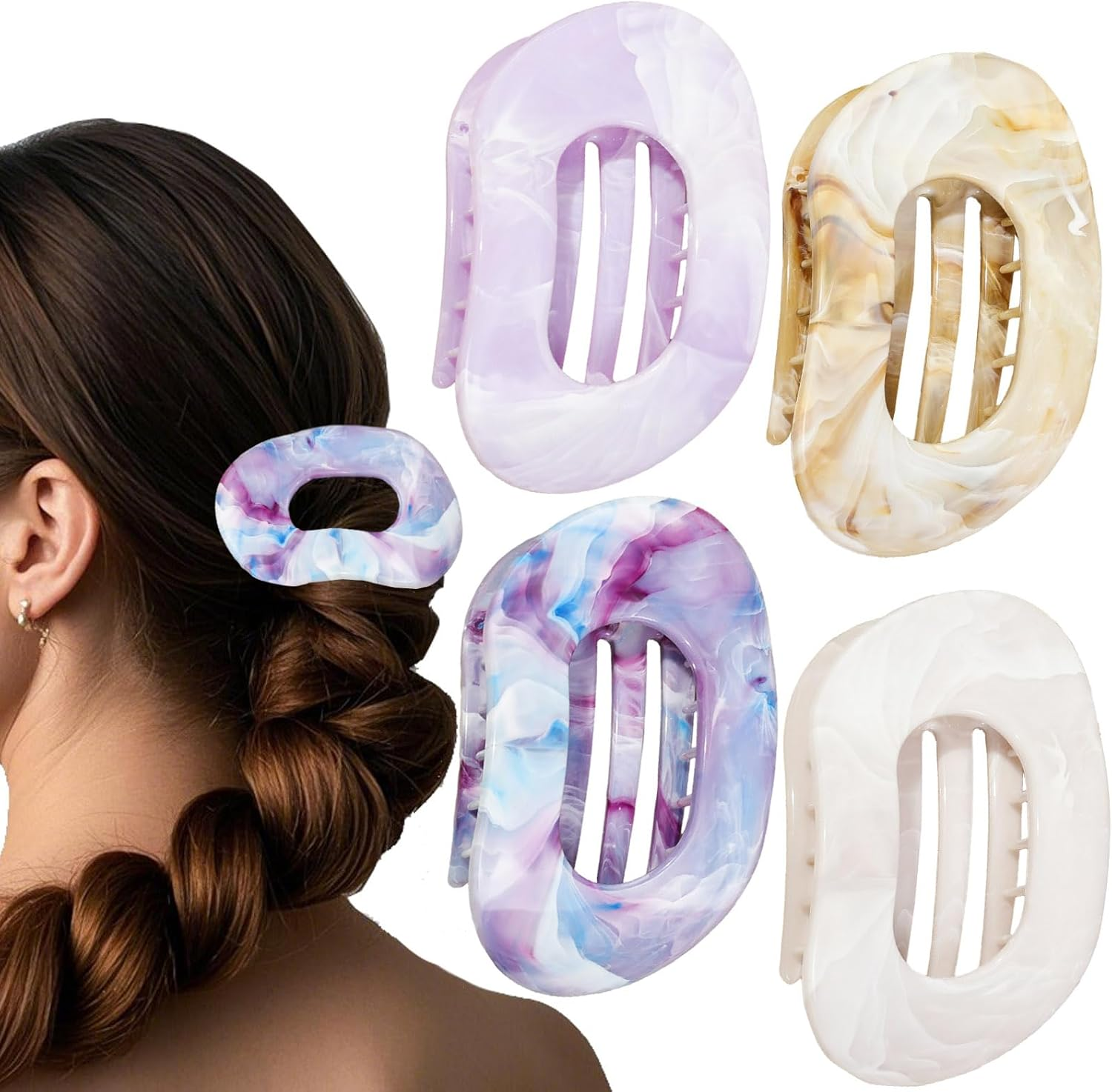 Flomiara 4PCS Flat Claw Clip, Hair Clips for Thick Thin & Fine Hair Women Girls, Marble Print Non-Slip Strong Hold Home Skin Care Makeup Claws Accessories, White, Brown, Purple Set