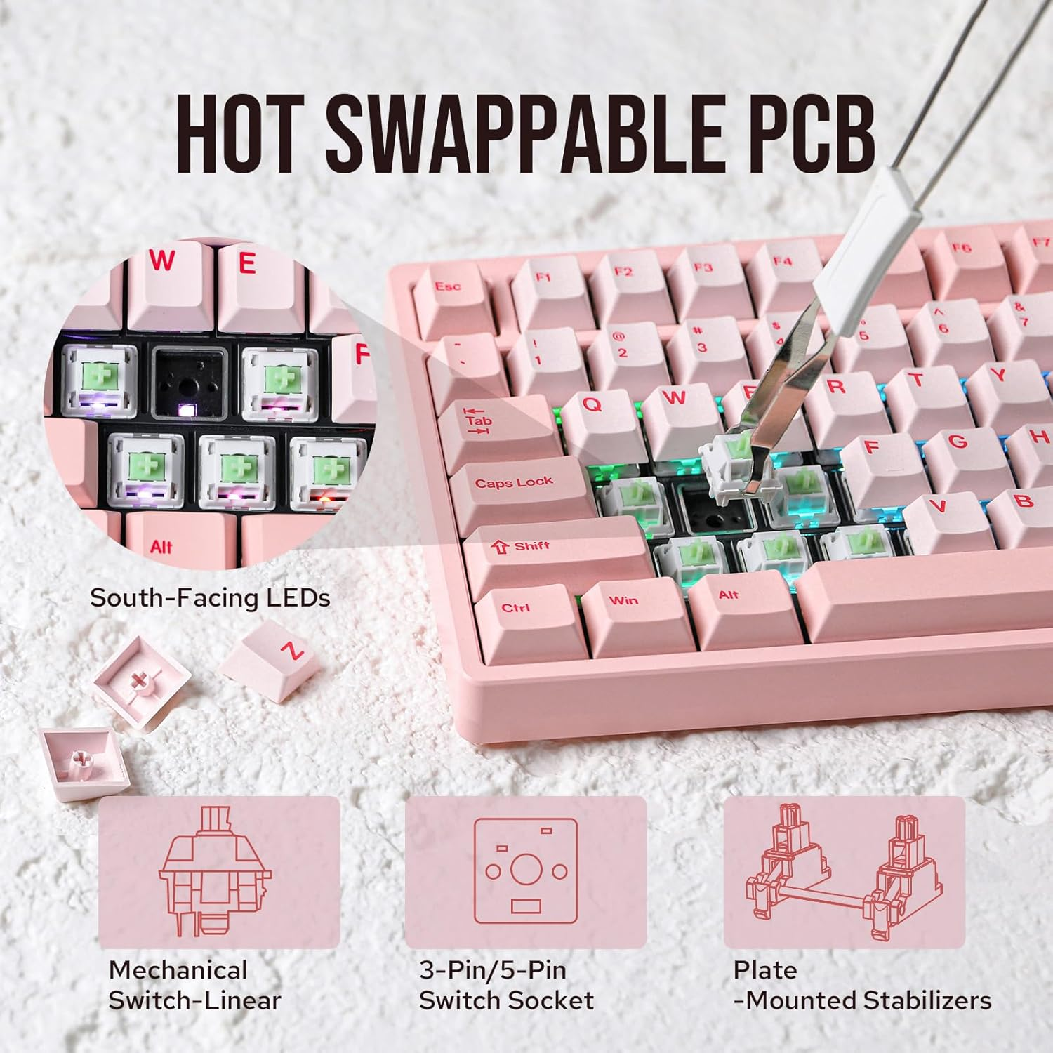 Kiiboom Moonshadow V2 75% Wireless Aluminum Gaming Keyboard, QMK&VIA Programmable, Bt5.0/2.4Ghz/Usb-C, Hot-Swappable Creamy Mechanical Keyboard with FR4 Plate, Knob, 4000Mah Battery (Pink) image number 3