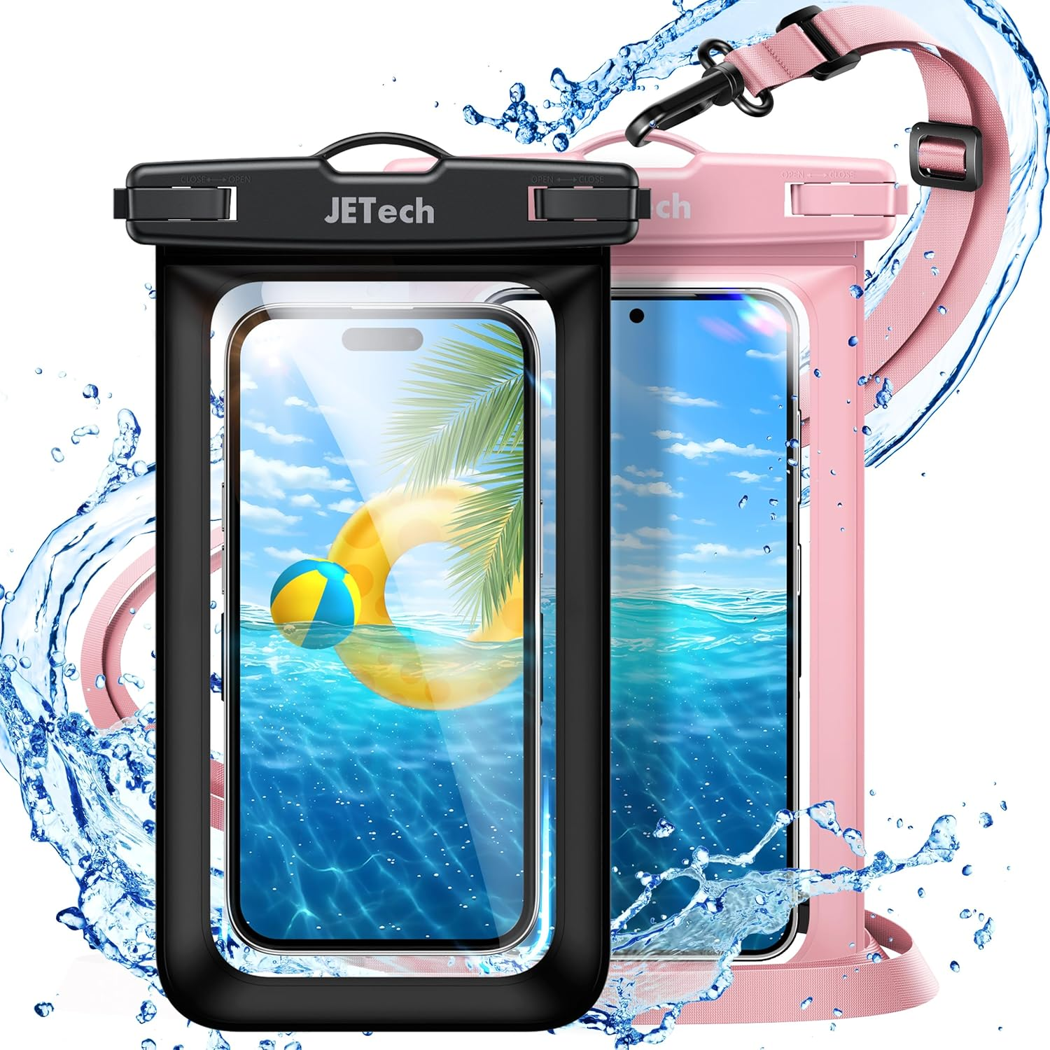 Jetech Waterproof Phone Pouch, 2 Pack Water Proof Case for Iphone 17 16E 16 15 14 Air Pro Max Plus, Galaxy S25 S24 Ultra, Pixel 10 Series and Others up to 7.2 Inch, IPX8 Dry Bag (Black+Pink) - Black+Clear image number 4