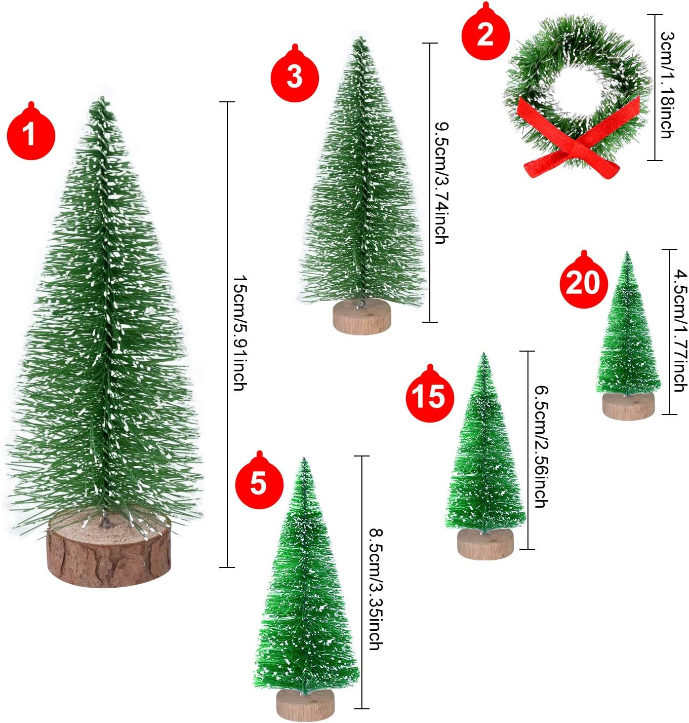 KUUQA 46Pcs Mini Christmas Village Trees Bottle Brush Trees Sisal Snow Forested Trees with Christmas Wreaths for Christmas House Decorations, Diorama Models image number 3
