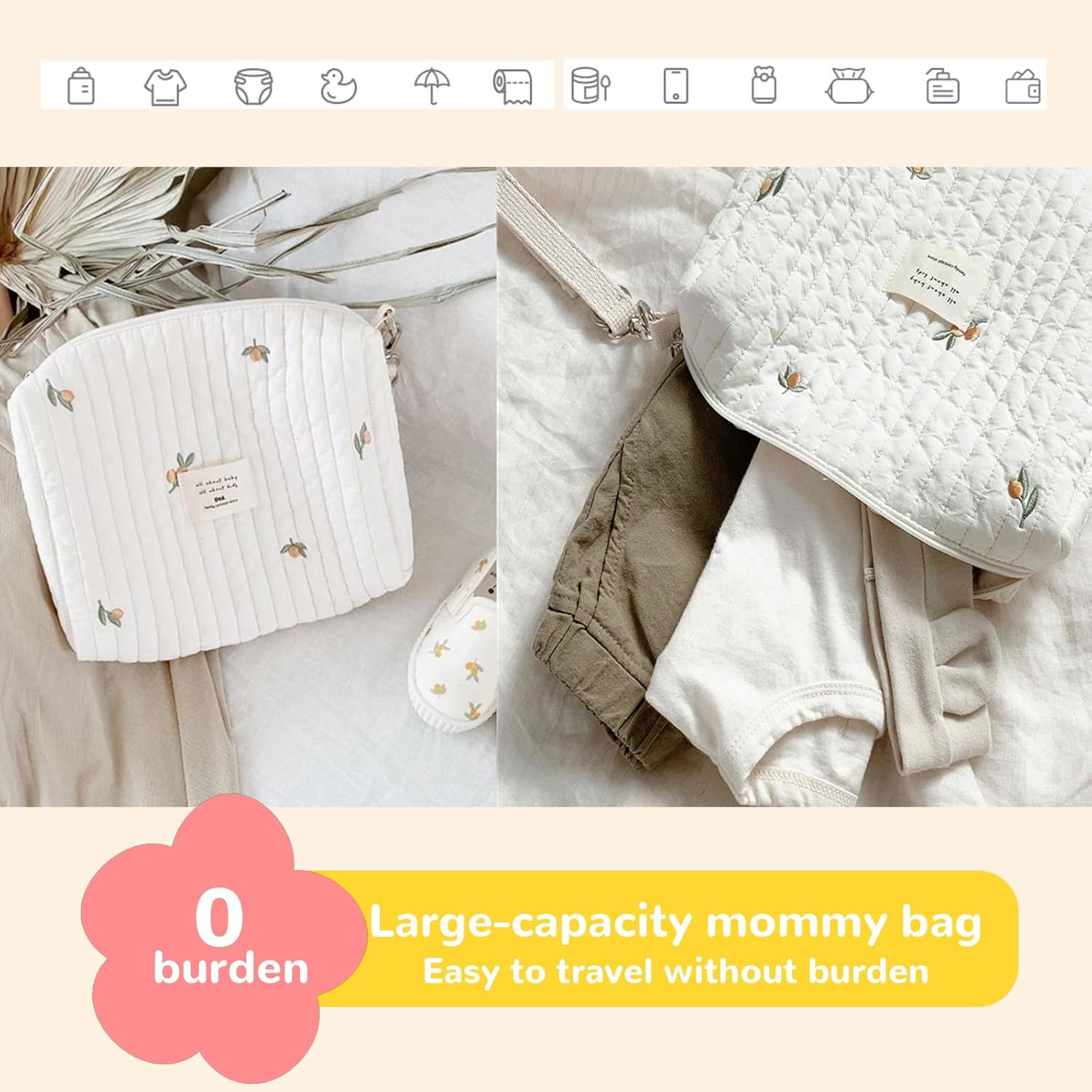 Small Diaper Bag Tote Bag Quilted Cotton Cute Pattern Nappy Diaper Storage Bag with Stroller Hooks Portable Stroller Baby Diaper Bag for Baby Bottles, 25X16X8Cm image number 4
