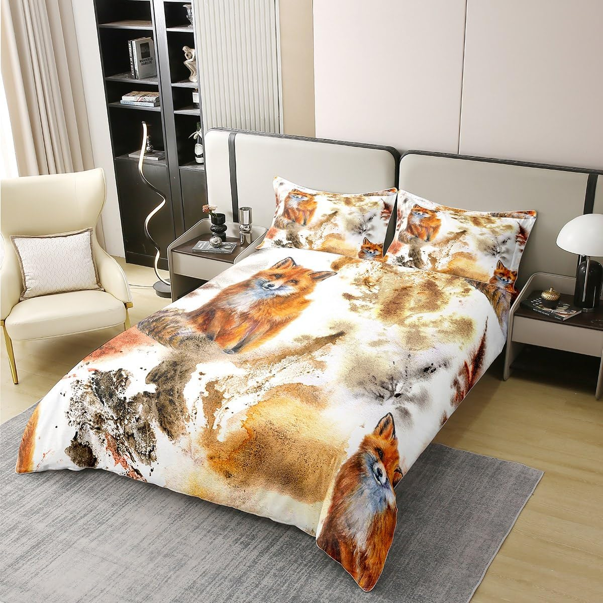 100% Natural Cotton Fox Duvet Cover, Woodland Animal Bed Linen Set, 135 X 200 Cm, Vintage Coffee Brown Splash Style Comforter Cover, Rustic Wild Fox Bed Sets with 1 Pillowcase, Skin-Friendly image number 4