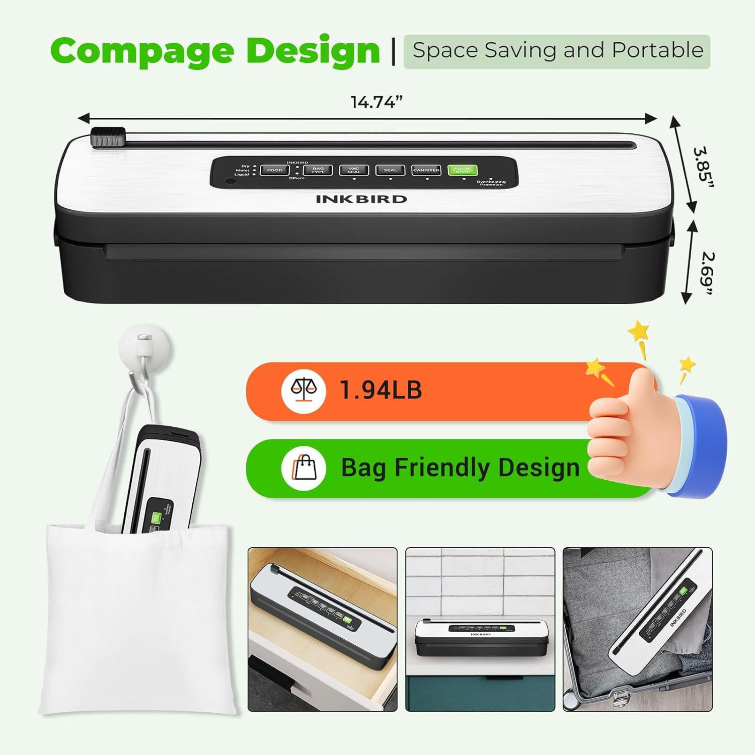 INKBIRD Compact Home Vacuum Sealer Machine INK-VS05, Dry/Moist/Liquid Food Types with Vac&Seal/Seal Only/Pulse/Canister Modes, Cooling Sealing Strip, Overheat Protection System