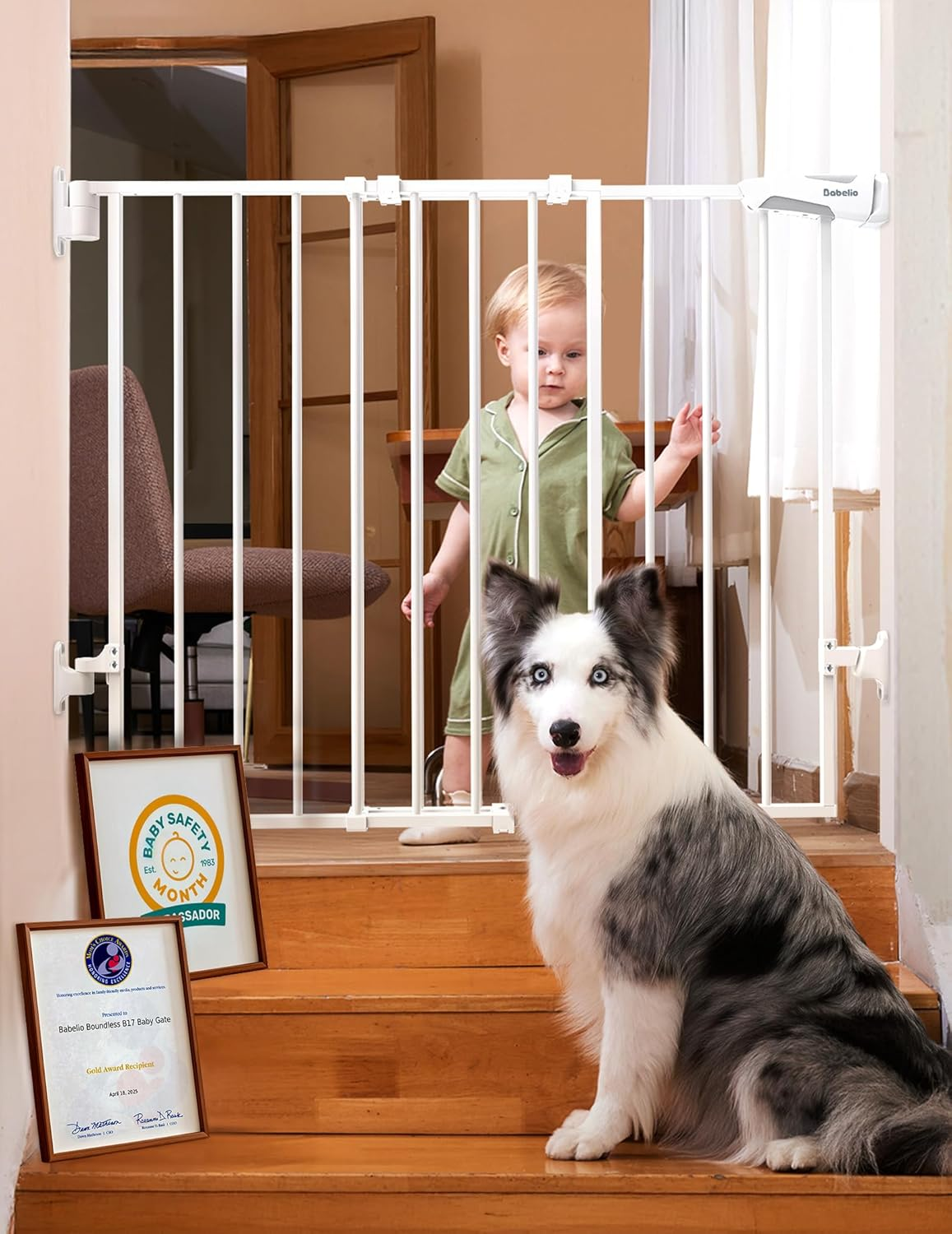 Babelio 66-109 CM Auto Close Baby/Dog Gate for Stairs, 2-In-1 Easy Swing Doorway and Hallway Pet Gate, with Extra-Wide Walk Thru Door and Threshold-Free Design, White image number 5