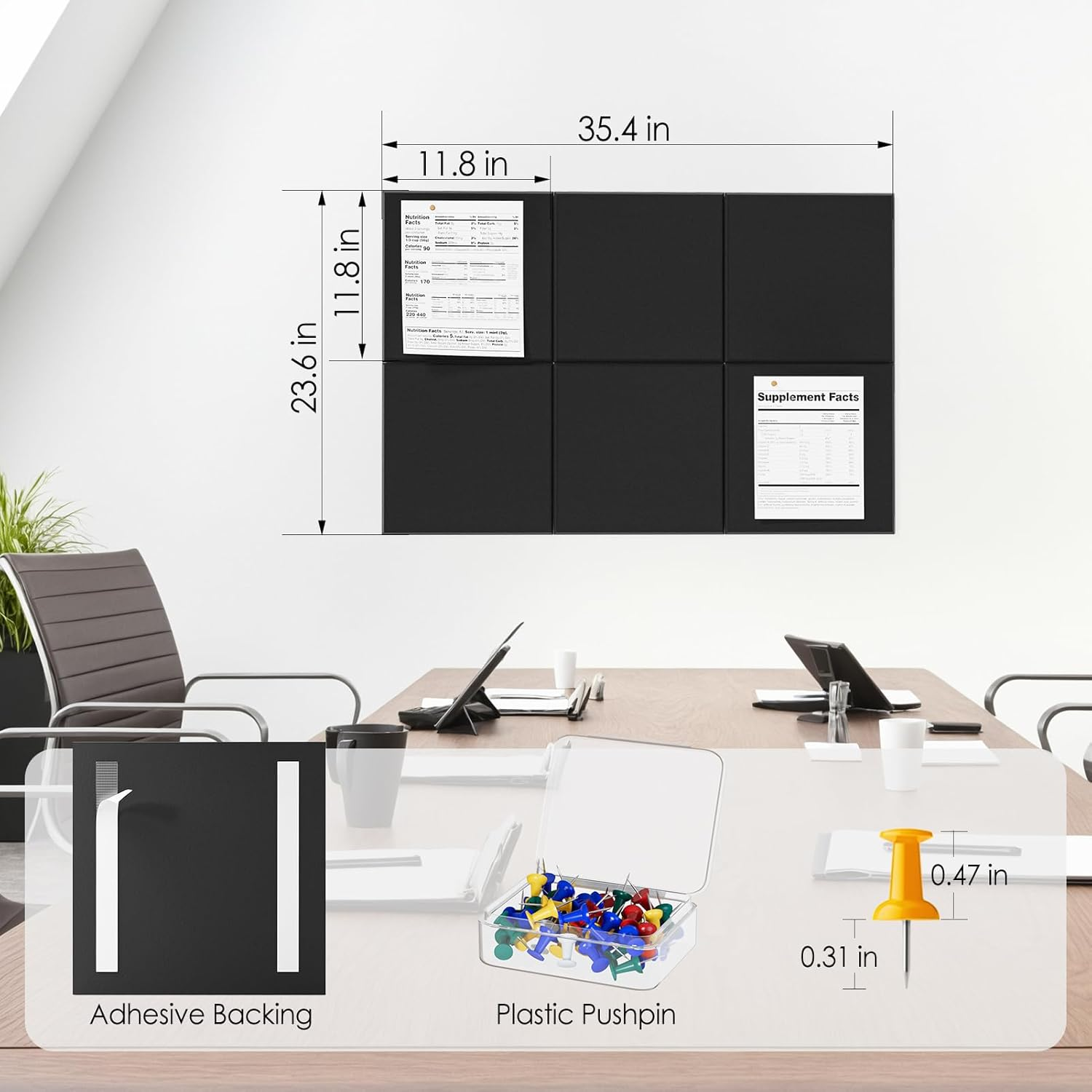 Maxgear Large Cork Board 36"X24" Alternative, 6 Pack Felt Wall Tiles with Pushpins, Black Cork Boards for Walls Cork Board for Office Pin Board Tack Board Cork Board - Silver Gray image number 5