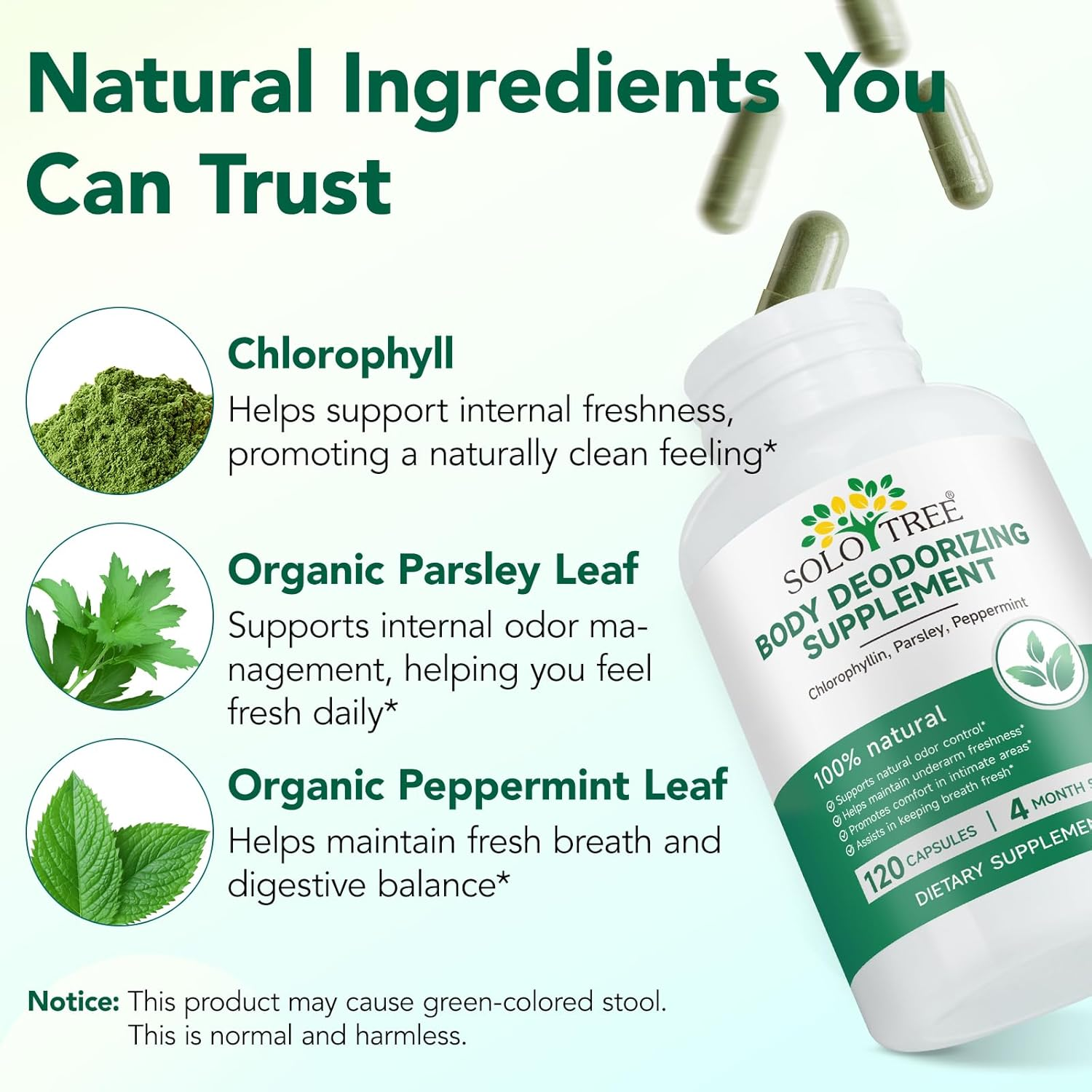 Body Deodorizing Supplement 120 Capsules | with Chlorophyll, Parsley & Peppermint | Helps Maintain Natural Freshness & Odour Balance | 100% Natural Formula | 4 Month Supply image number 3