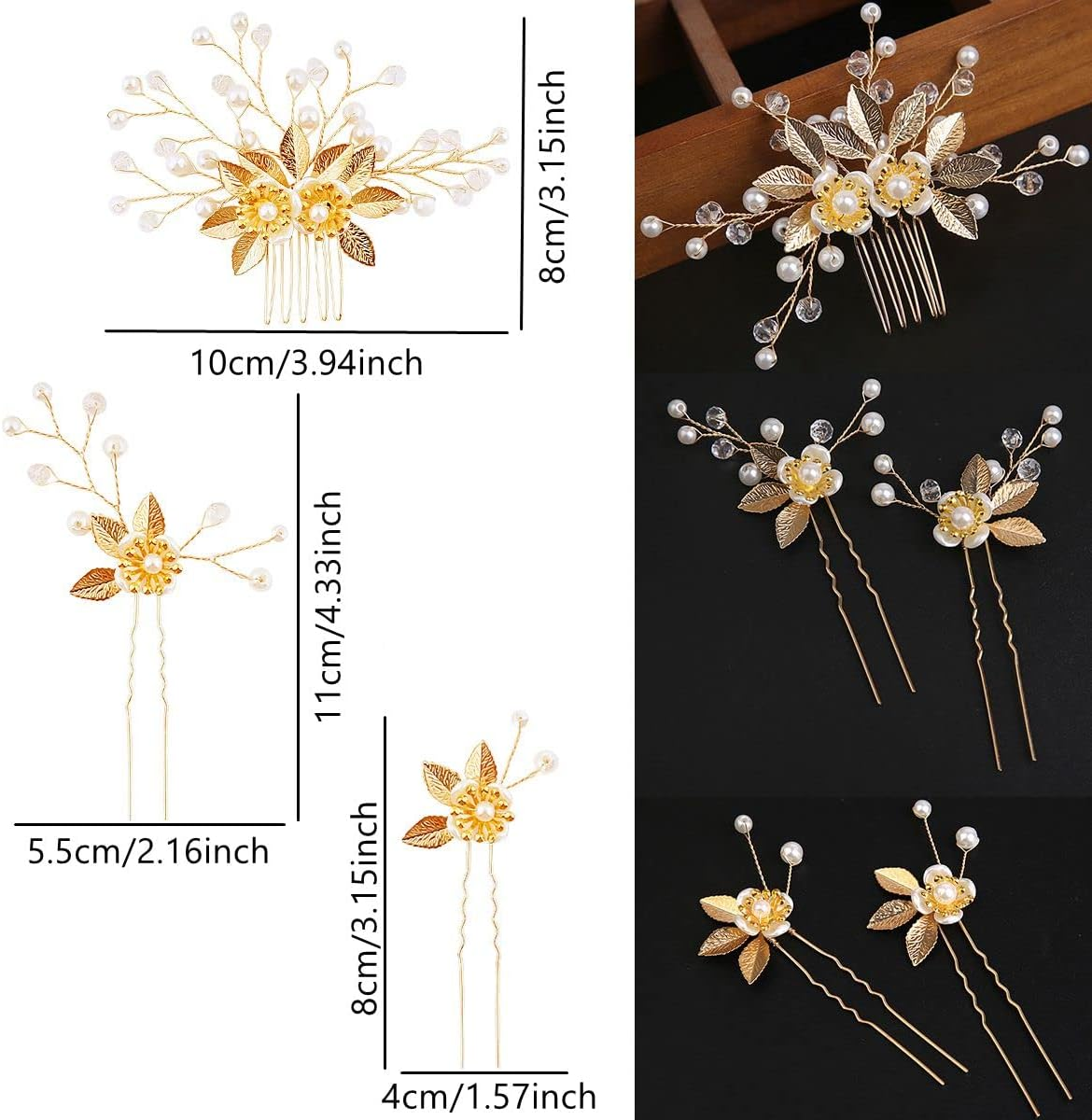 5 Pieces Gold Leaf Hair Pins Flower Pearl Hair Forks Bridal Hair Clips Headpiece Vintage Wedding Hair Accessories for Women Girls Brides Bridesmaids Flower Girls(Classic)