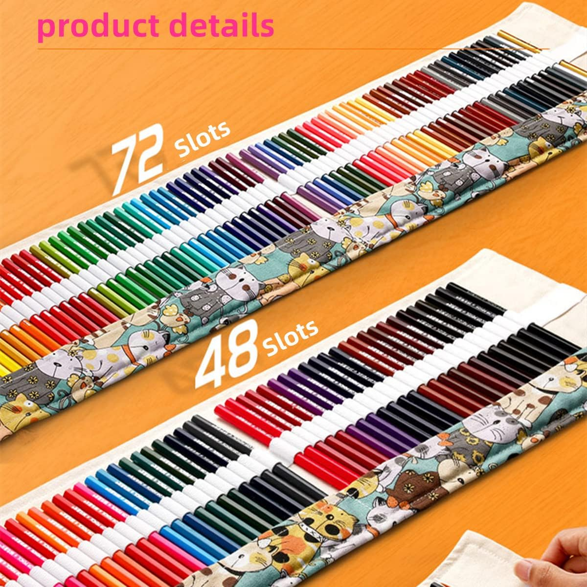 Roll up Pencil Case, Handmade Canvas Pencil Organizer, Foldable Multiuse Roll up Pencil Case (72 Slots) image number 3