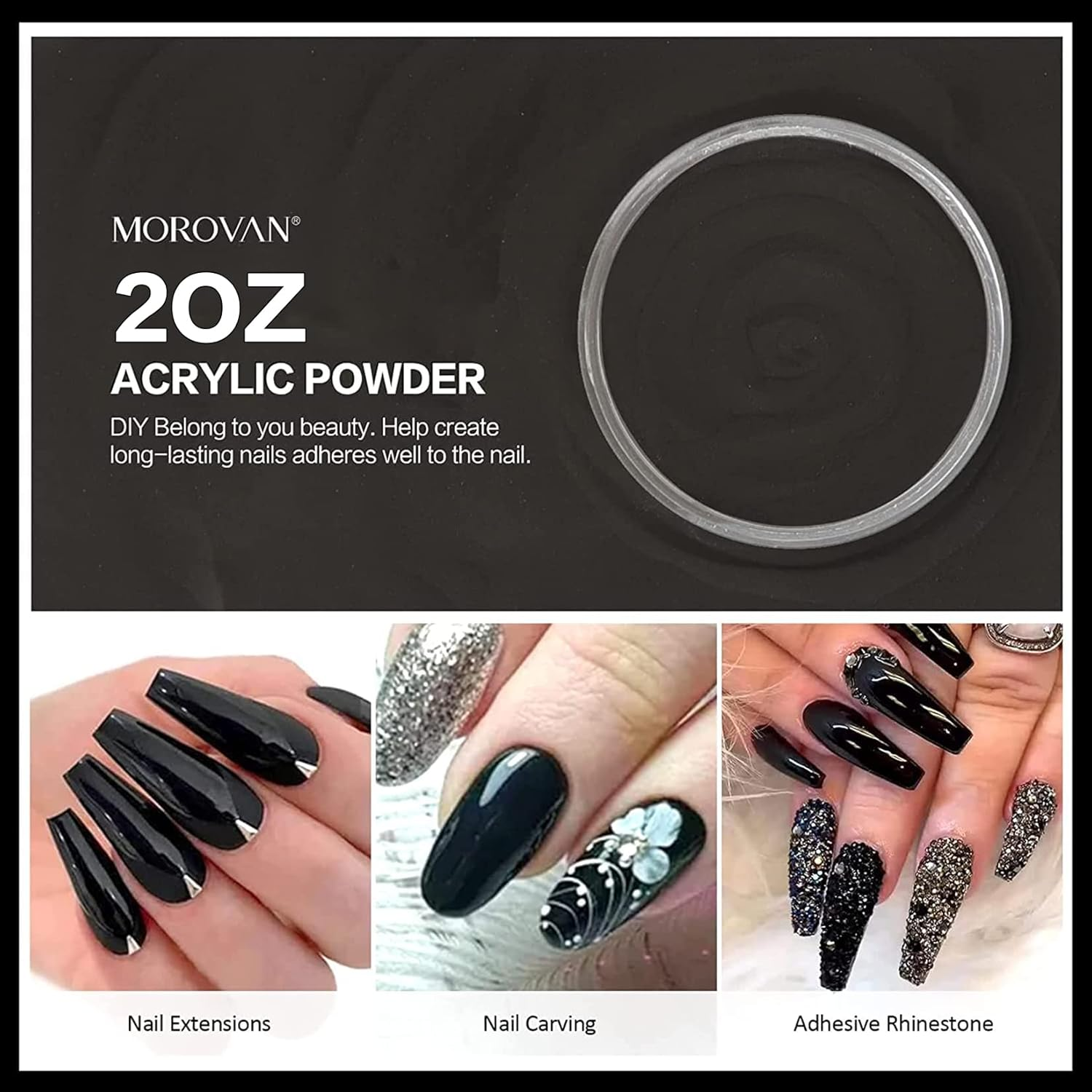 Morovan Black Acrylic Powder for Nails - 2Oz Professional Acrylic Nail Powder Polymer Black Nail Powders for Acrylic Nail Extension Carving image number 5