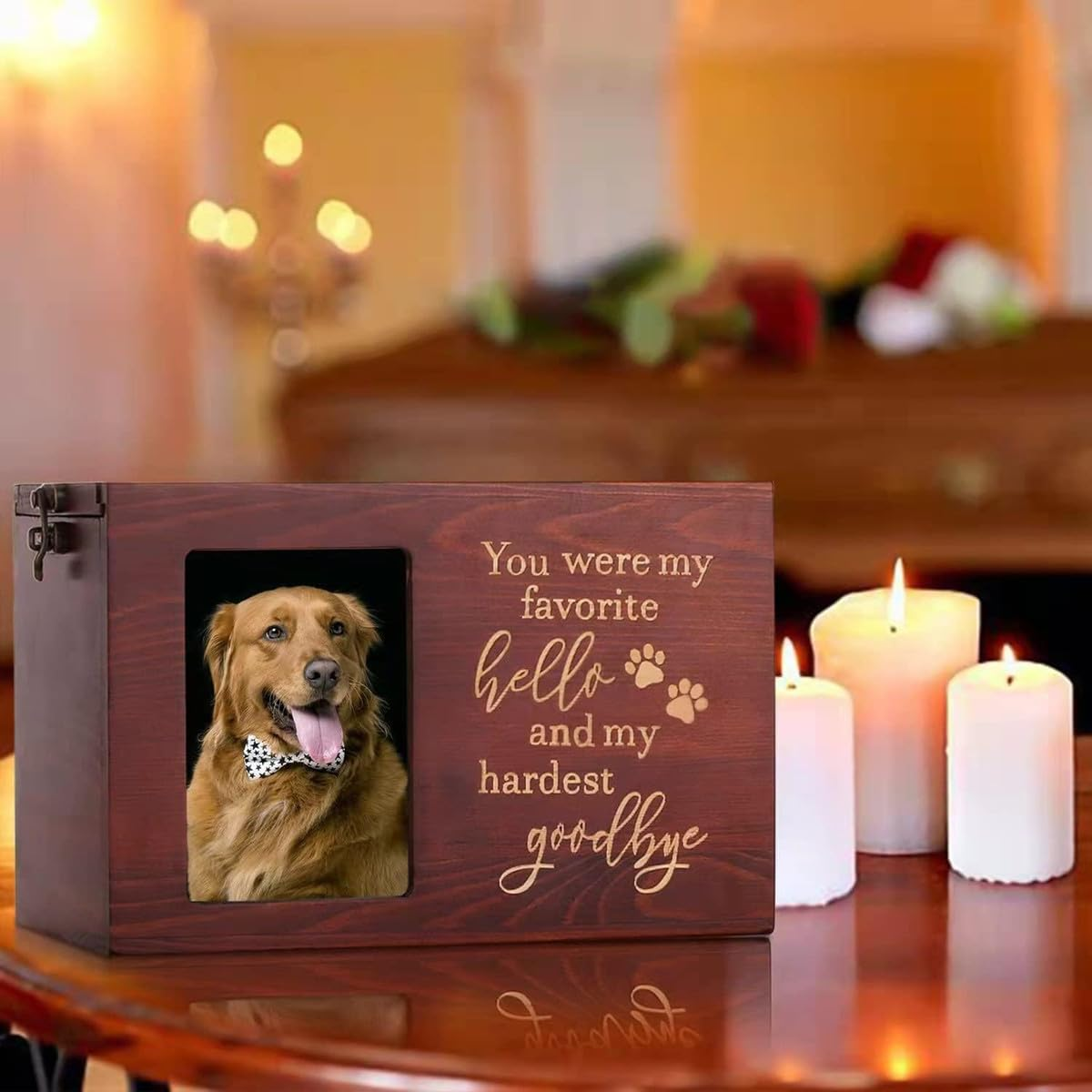 Pet Urn, Large Wooden Urn with Photo Frame, Wooden Pet Funeral Commemorative Box (Red)