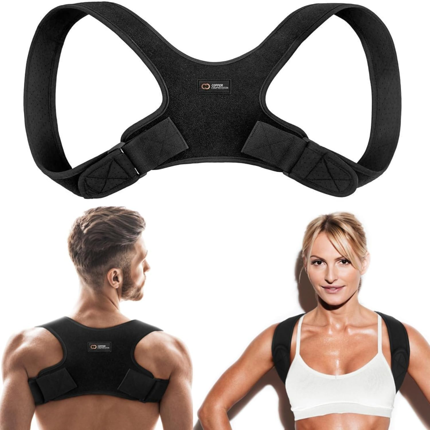 Posture Corrector for Men & Women - Adjustable Copper Infused Orthopedic Brace for Pain Relief from Bad Posture, Slumping - Targets Upper Back, Shoulders, Neck, Clavicle ﻿ image number 1