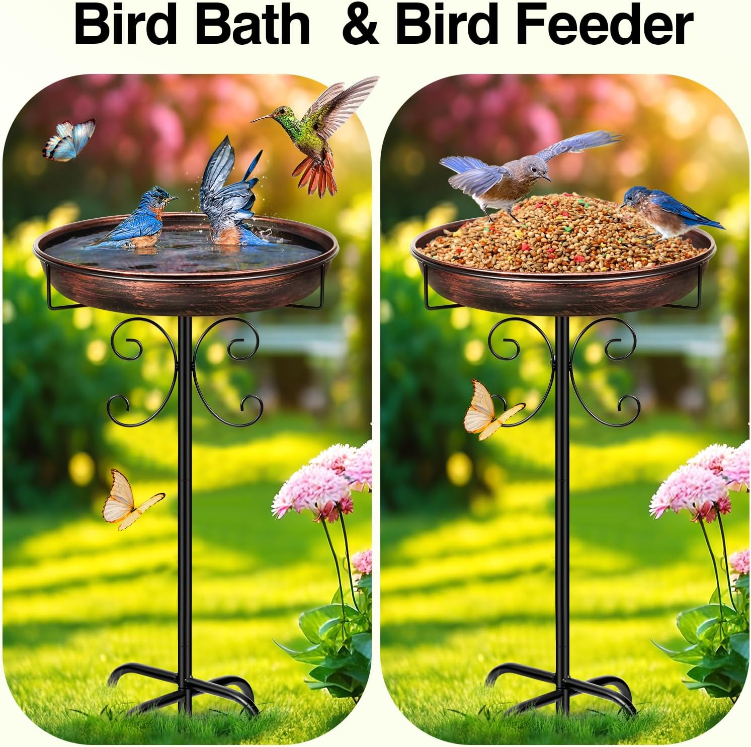 Daoeny 35In Bird Baths for Outdoors, Vintage Outdoor Freestanding Birdbaths & Birdfeeder, Bird Bath Feeder Bowl with Metal Stake Garden Patio Yard Lawn Decor, Upgraded 5-Pronged Base (Antique Bronze) - Antique Bronze image number 2