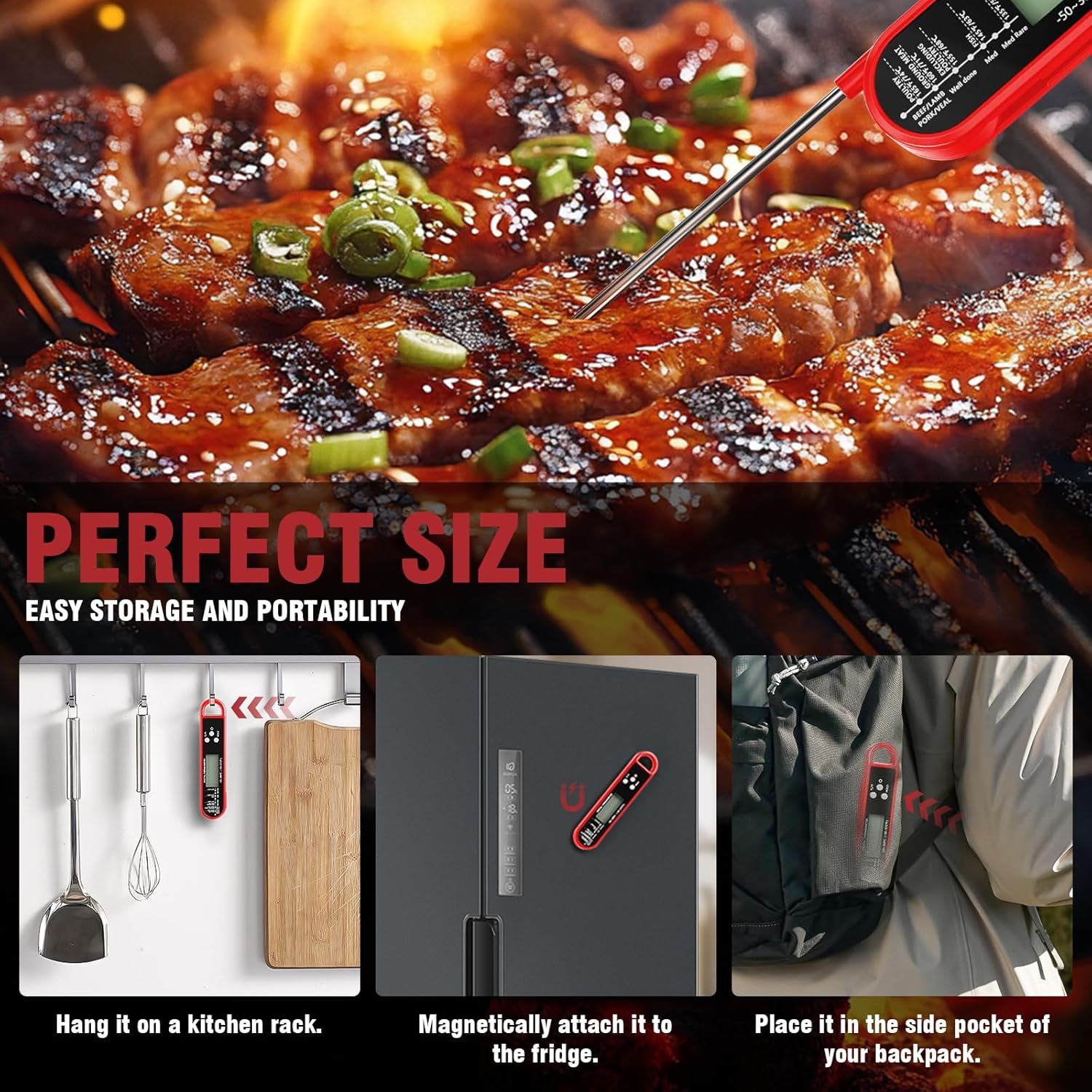 Instant Read Meat Thermometer Digital - Fast 4S Reading, -58&deg;F to 572&deg;F Cooking Food Thermometer with Auto-Rotate Display for Kitchen, BBQ, Grilling (Red)